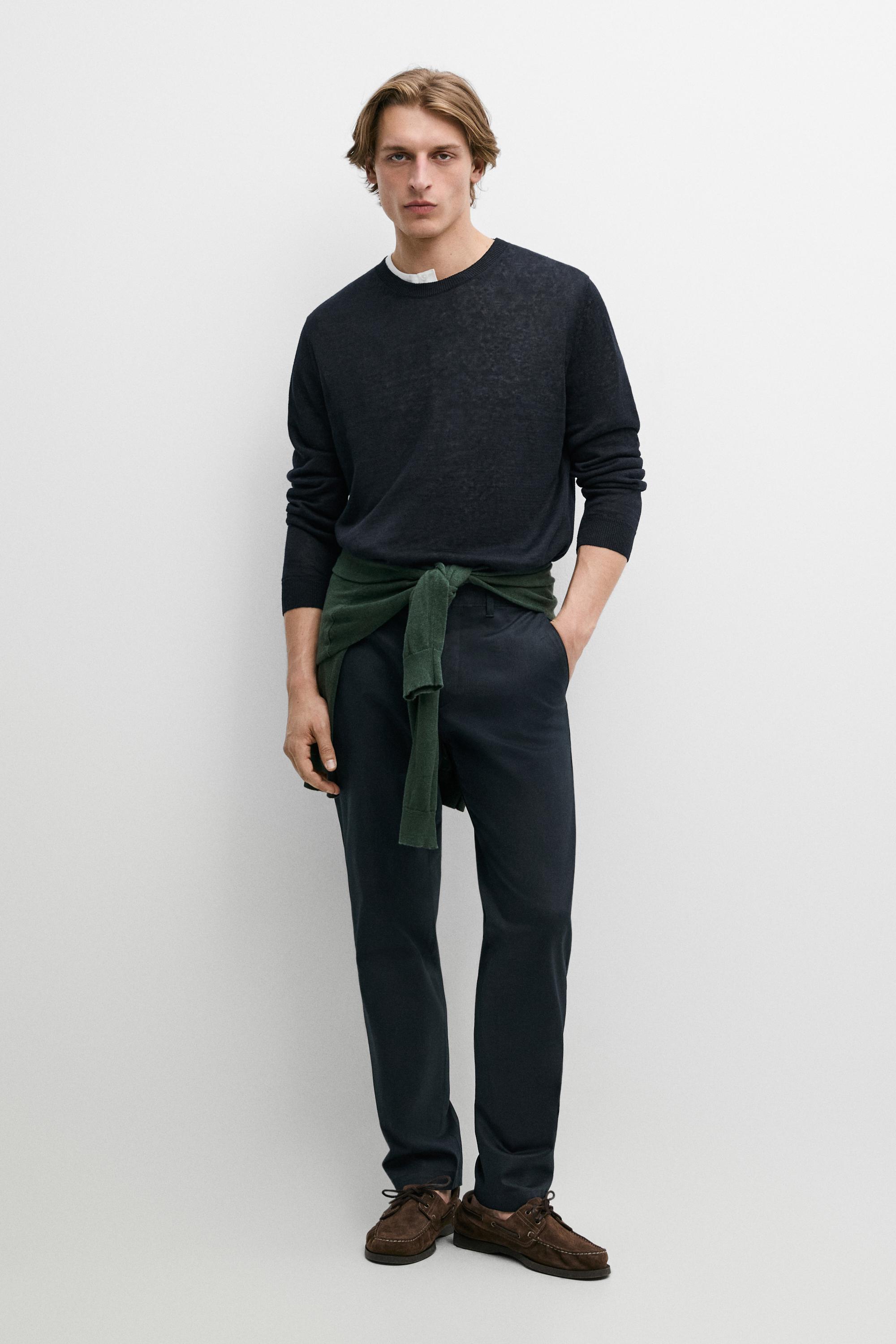 Cotton blend slim fit pants Navy Blue