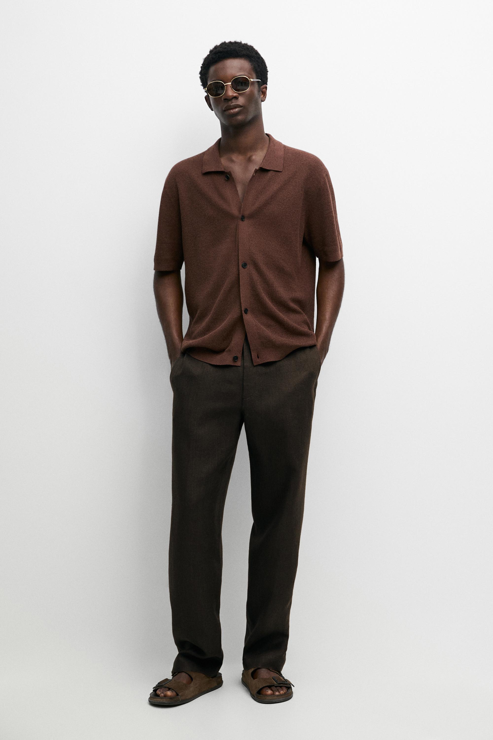100% linen pants with elastic waist Brown
