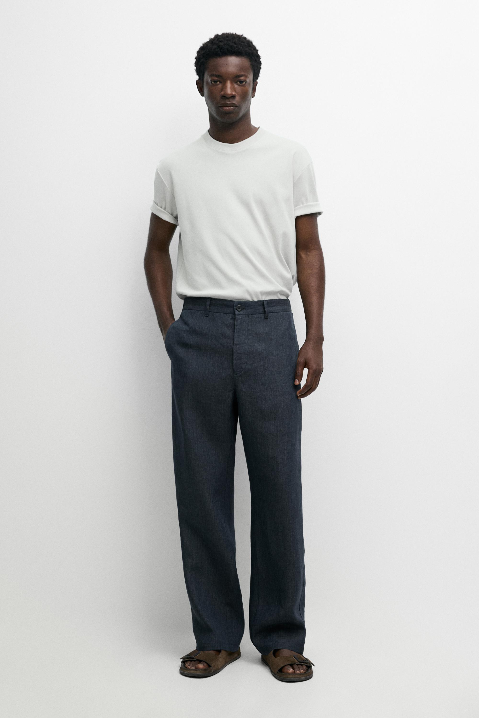 100% Linen Elastic-Waist Pants Navy Blue