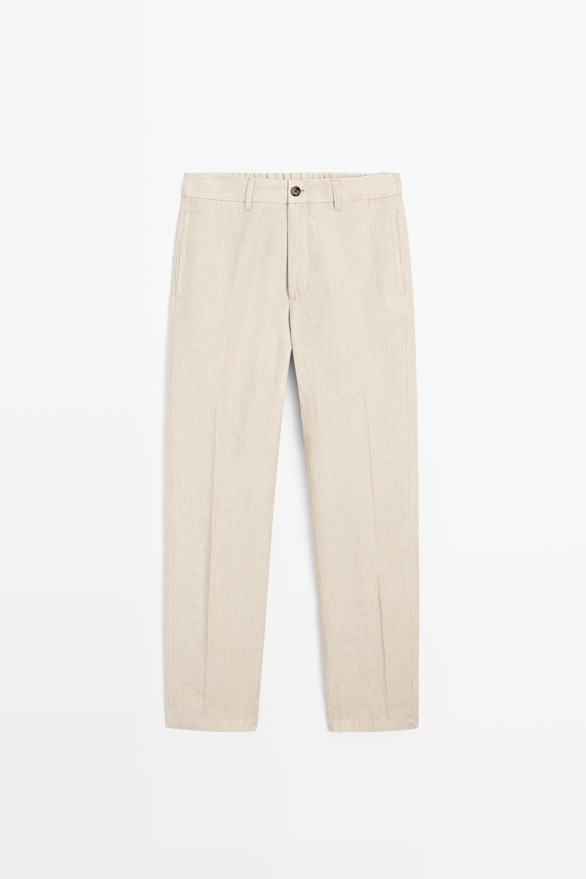 100% Linen Elastic-Waist Pants Beige