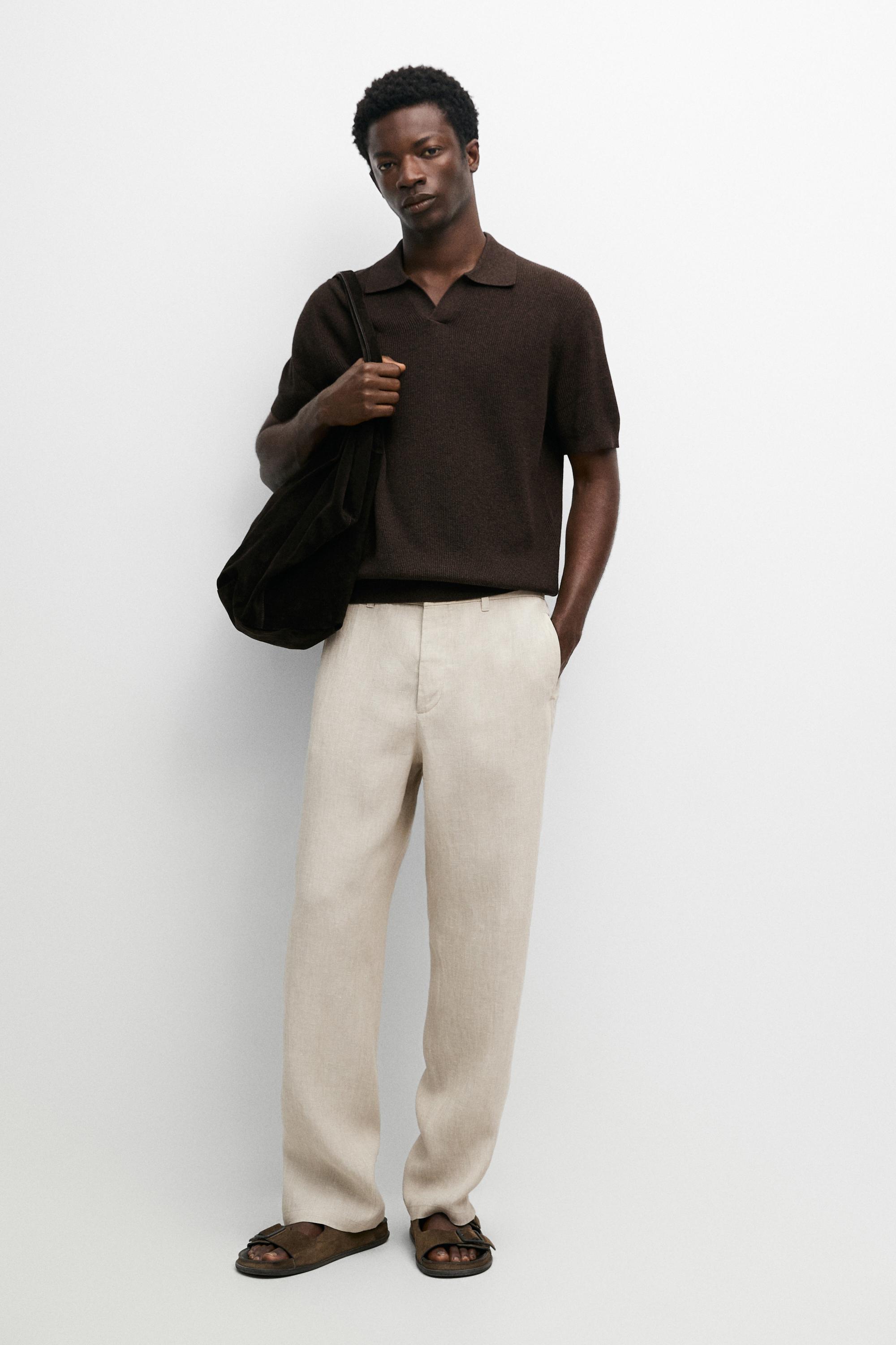 100% Linen Elastic-Waist Pants Beige