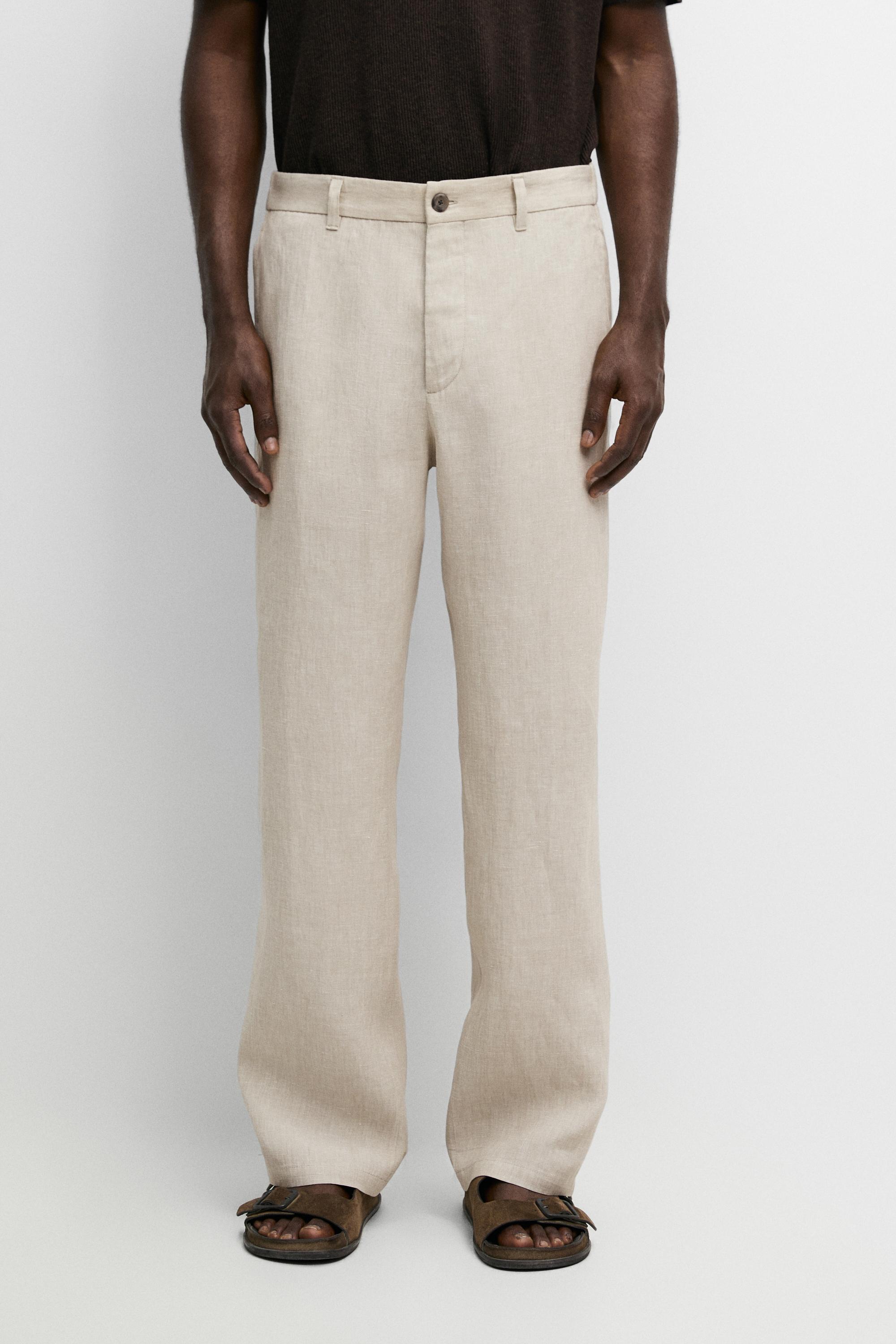 100% Linen Elastic-Waist Pants Beige