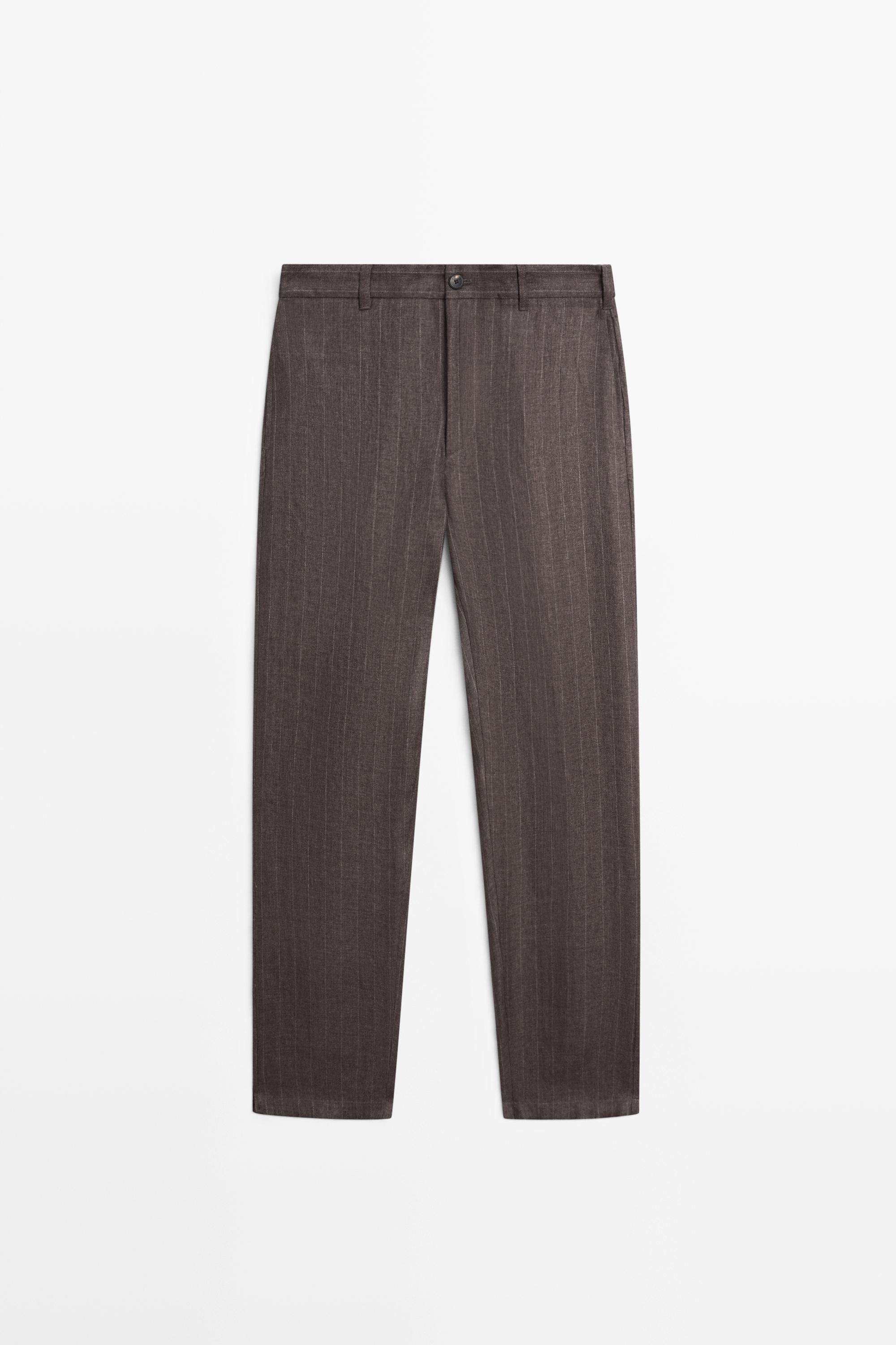 100% linen striped straight-leg pants Brown