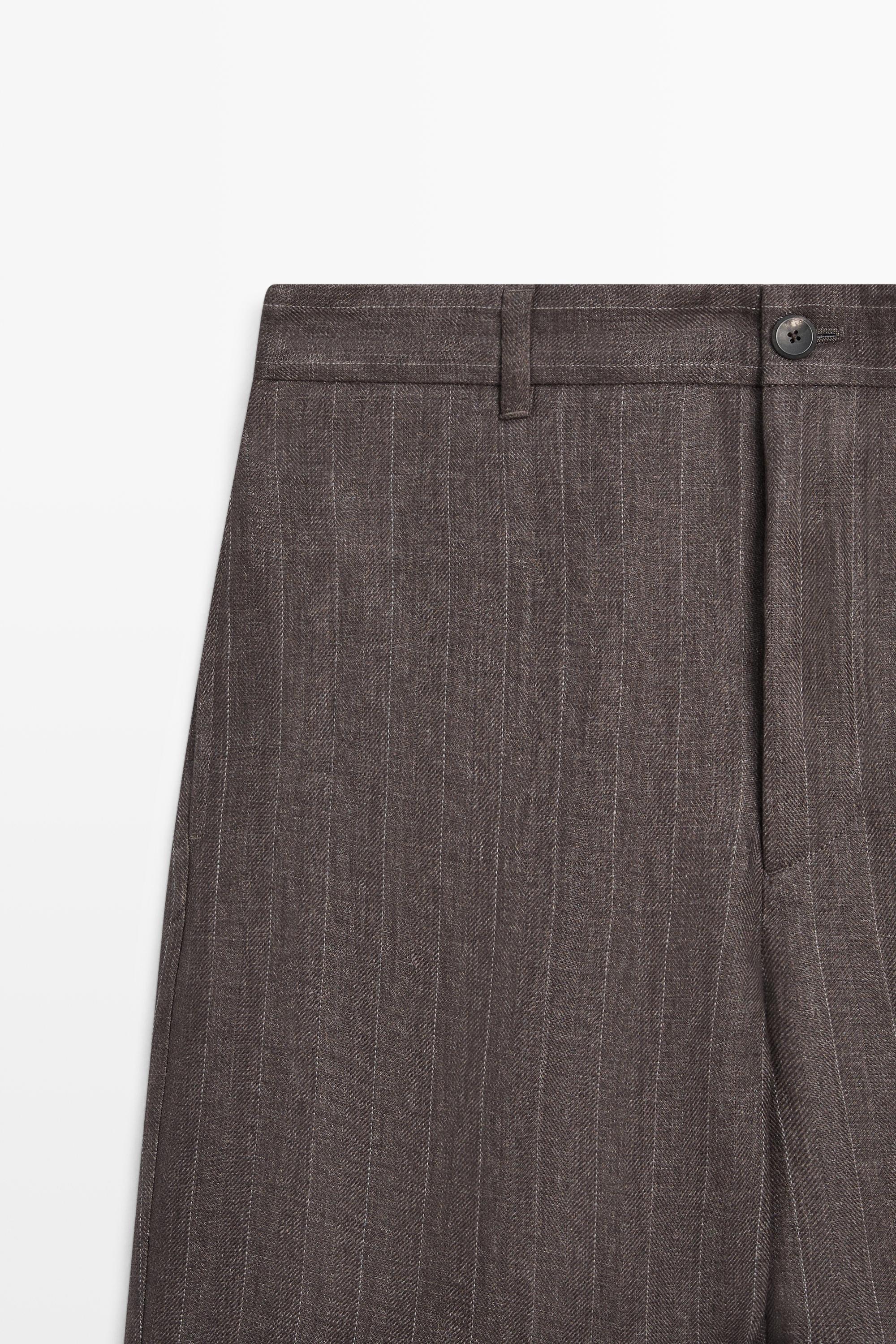 100% linen striped straight-leg pants Brown