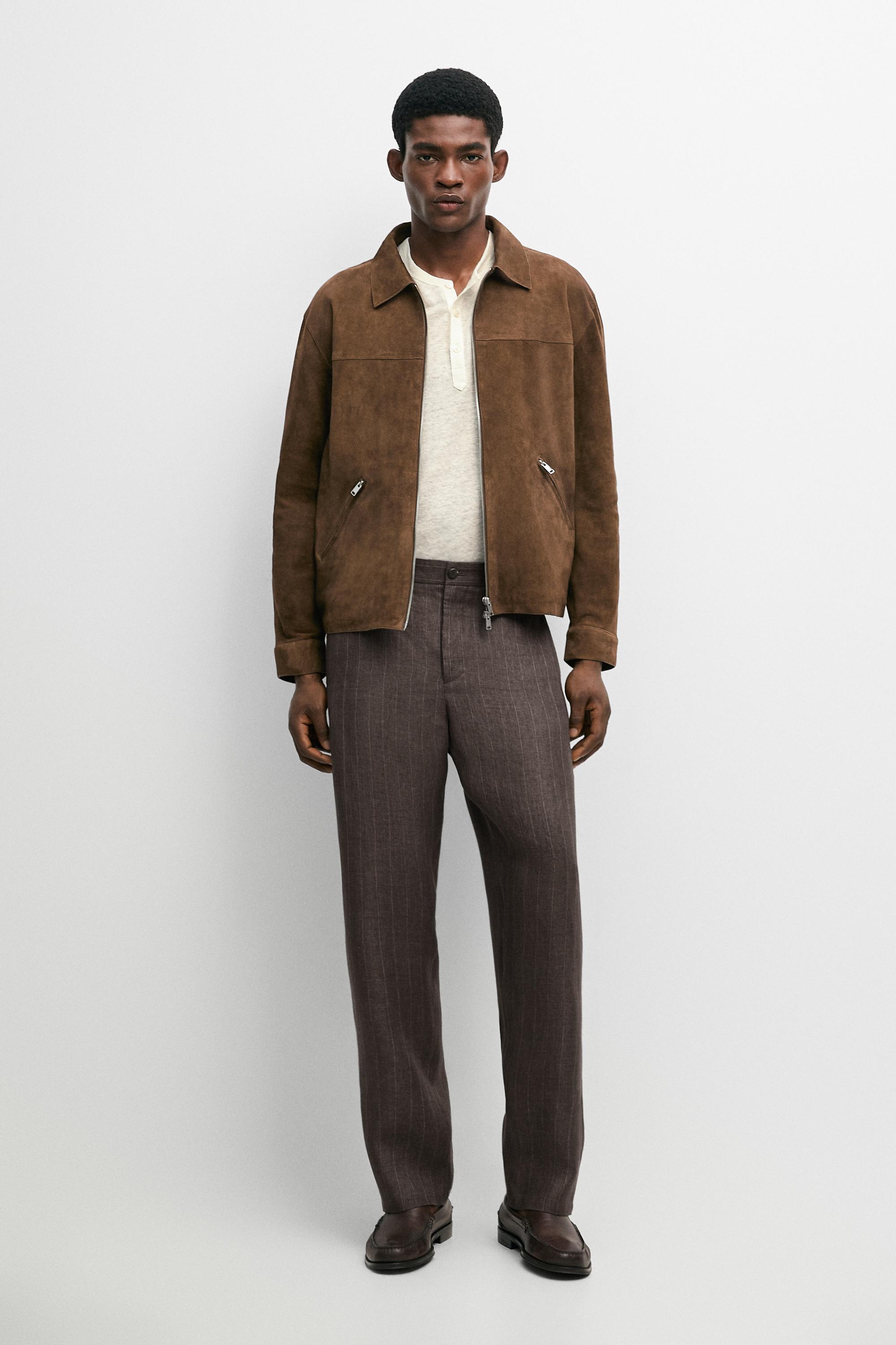 100% linen striped straight-leg pants Brown