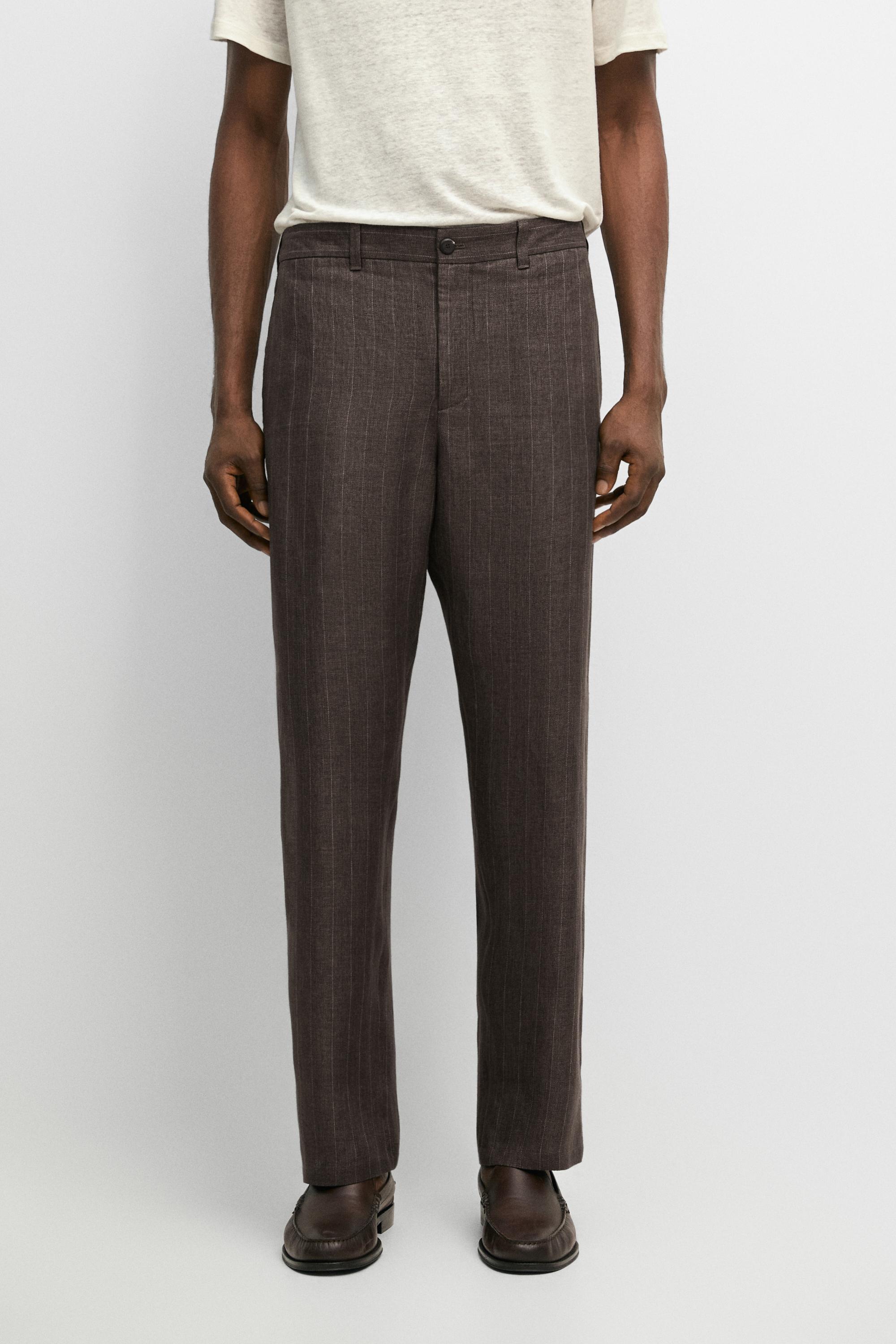 100% linen striped straight-leg pants Brown