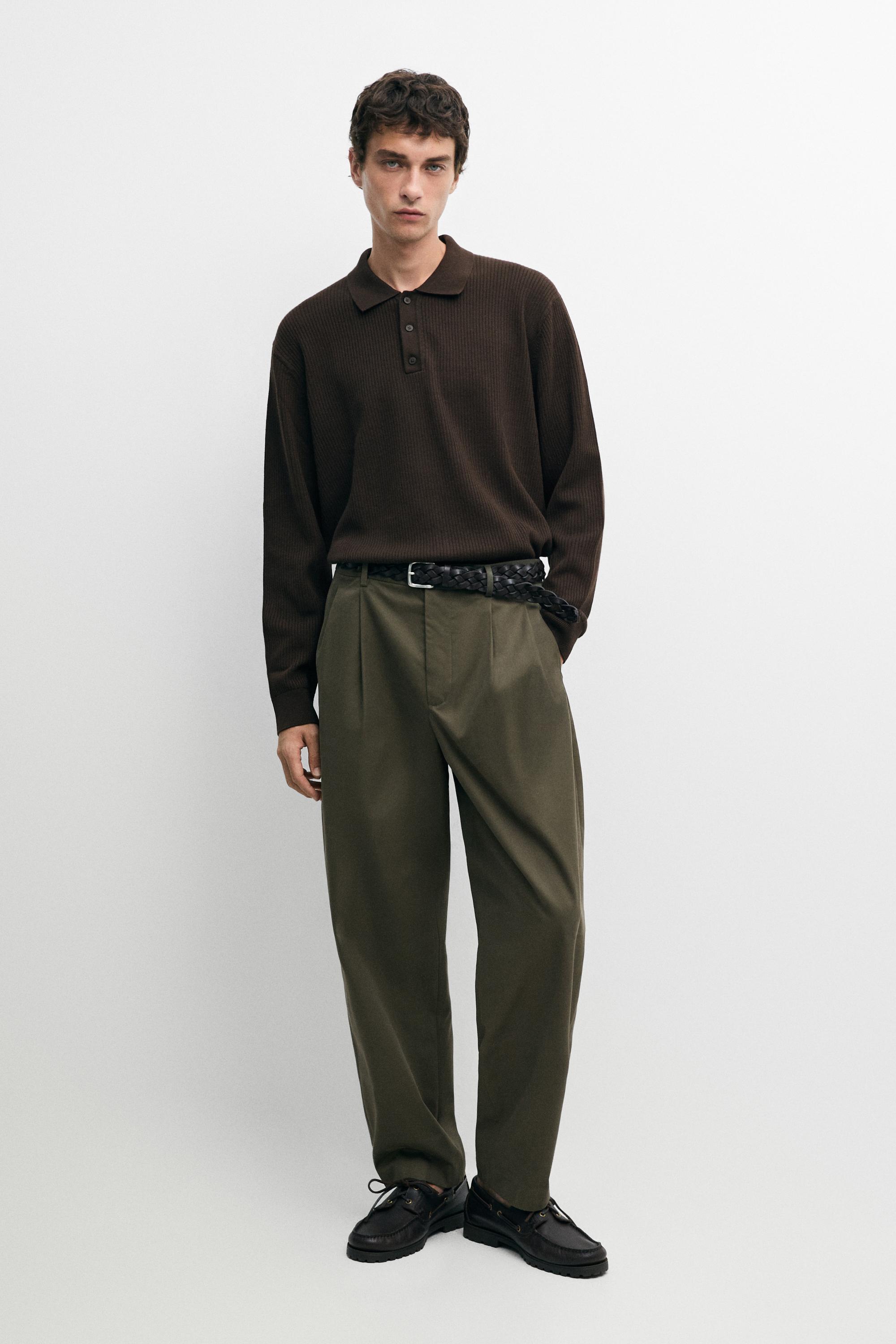 100% cotton pants with double pleats Green