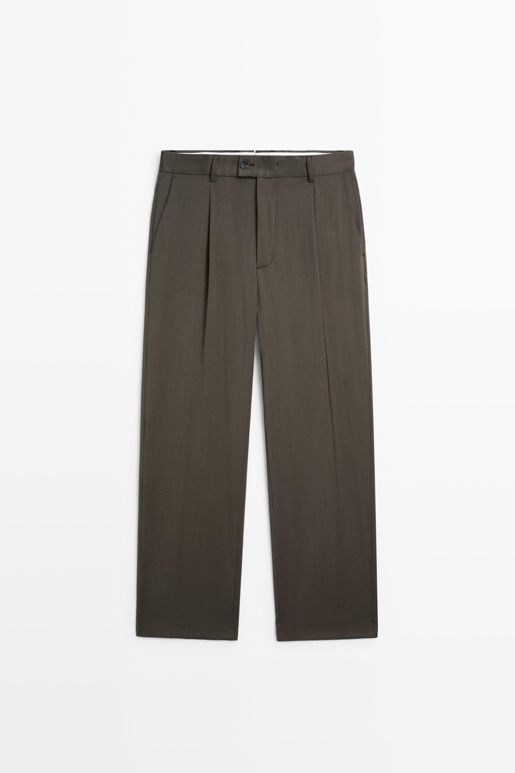 Relaxed-fit darted 100% cool wool pants Greyish Green