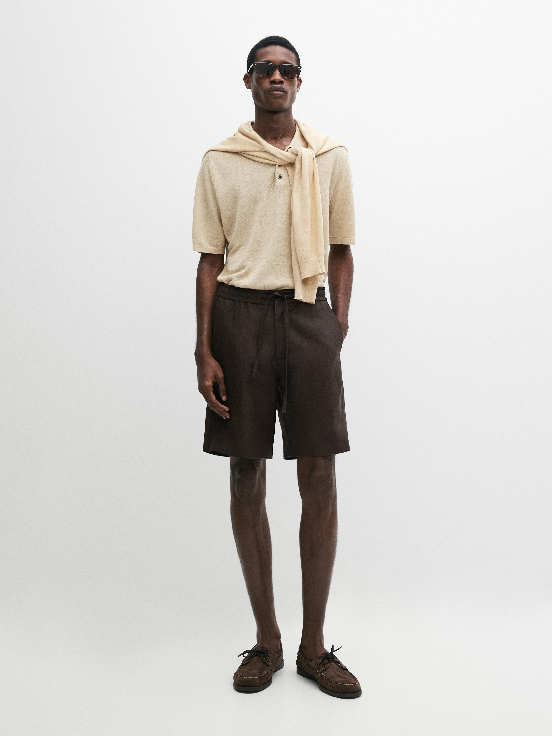 100% linen short Bermuda shorts Brown