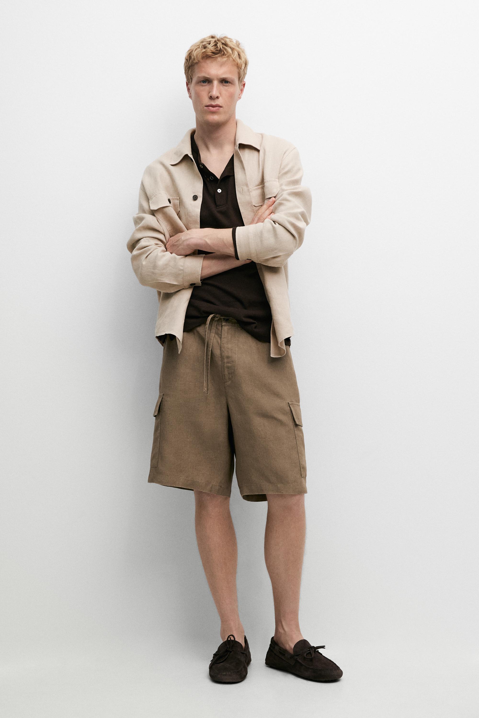 100% linen cargo Bermuda shorts Khaki