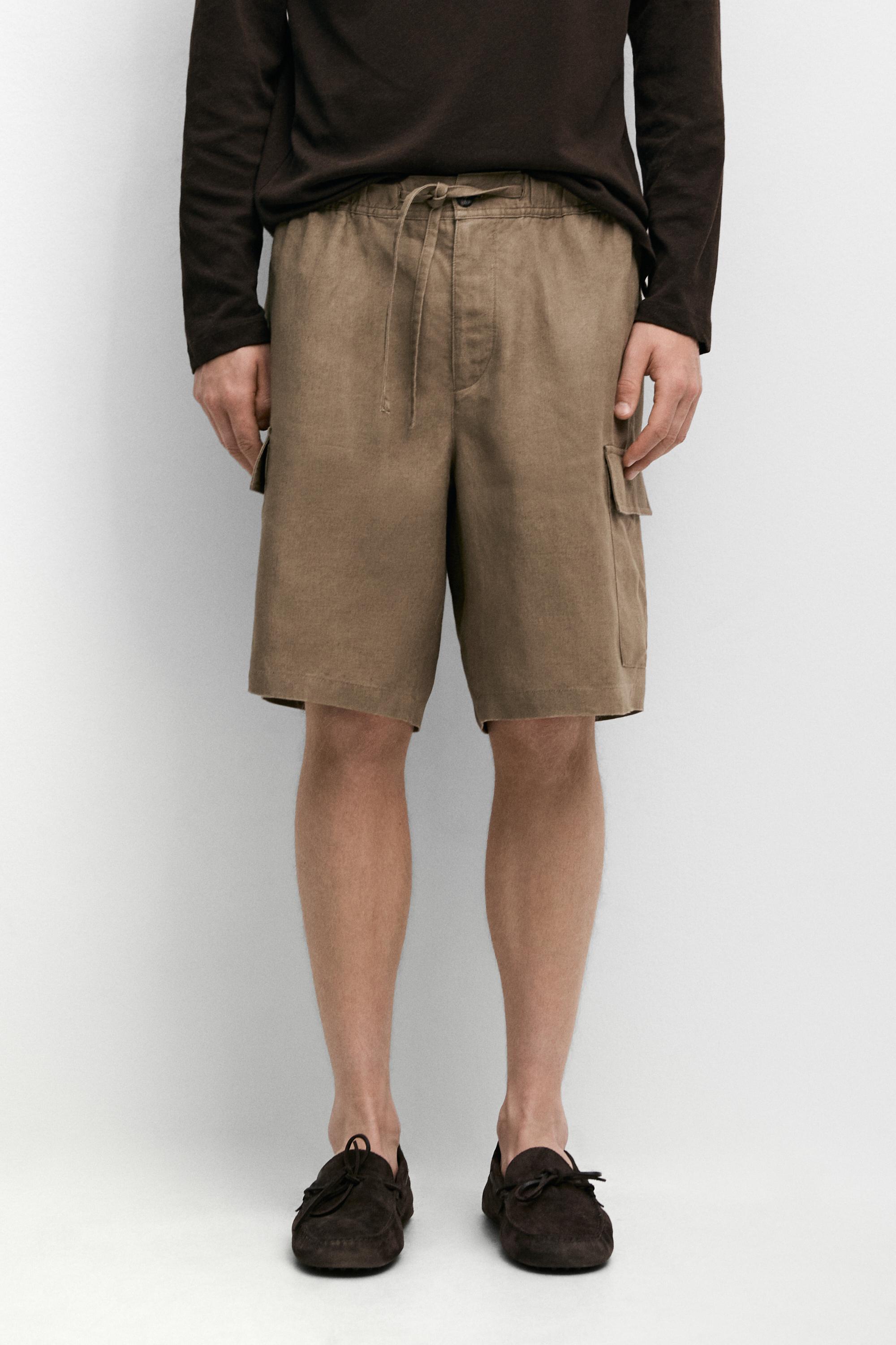 100% linen cargo Bermuda shorts Khaki