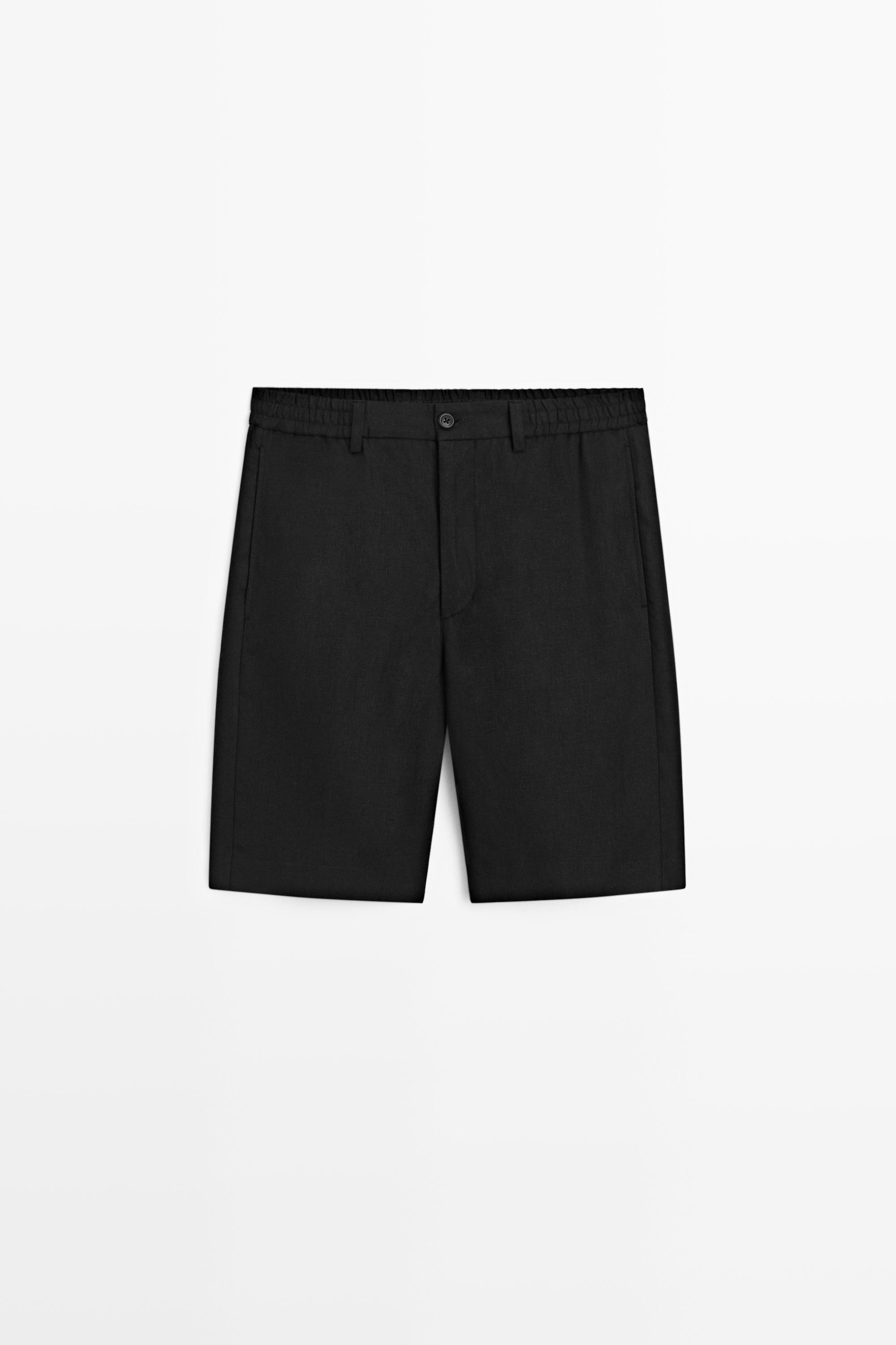 100% linen short Bermuda shorts Black