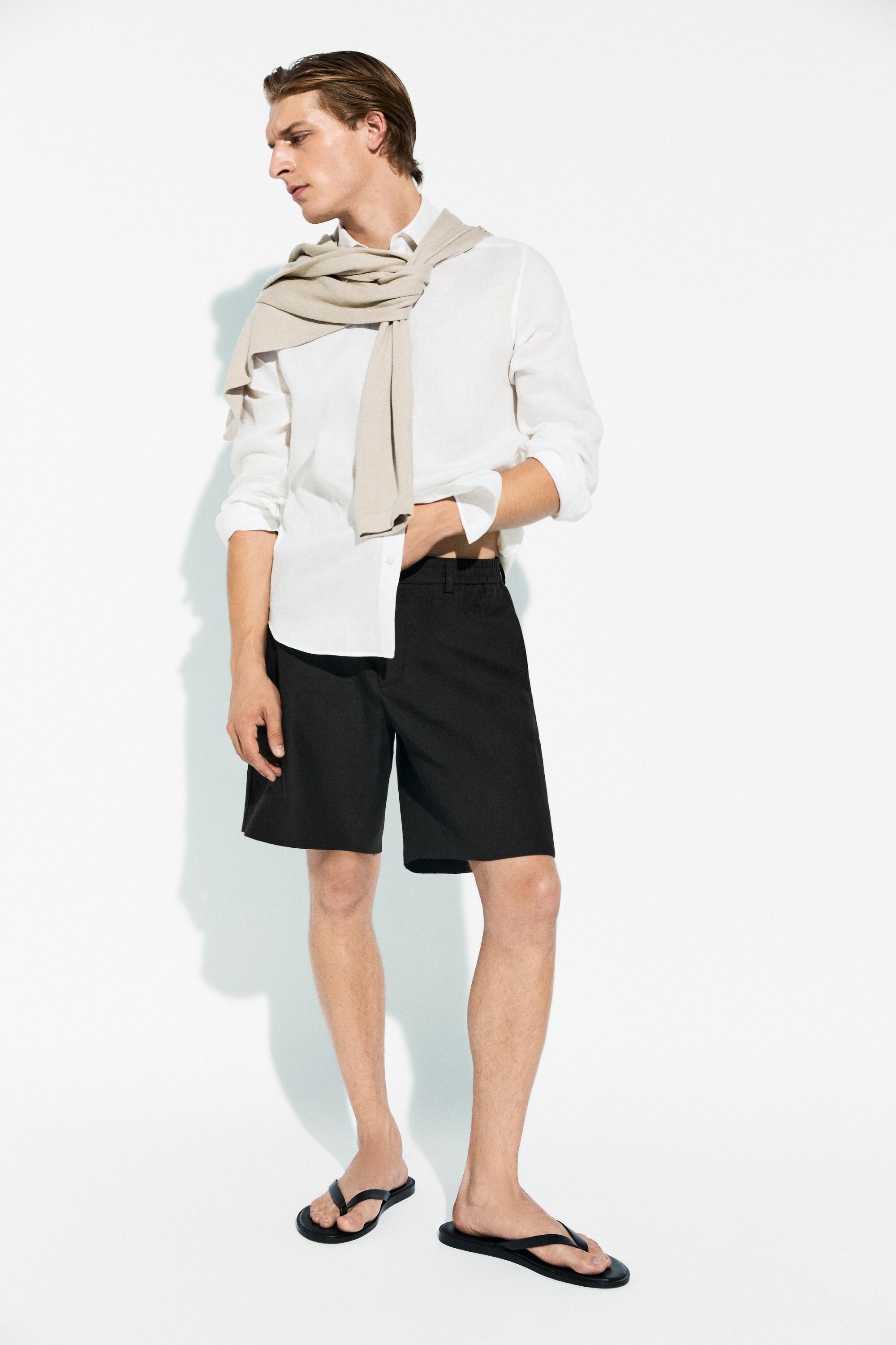 100% linen short Bermuda shorts Black