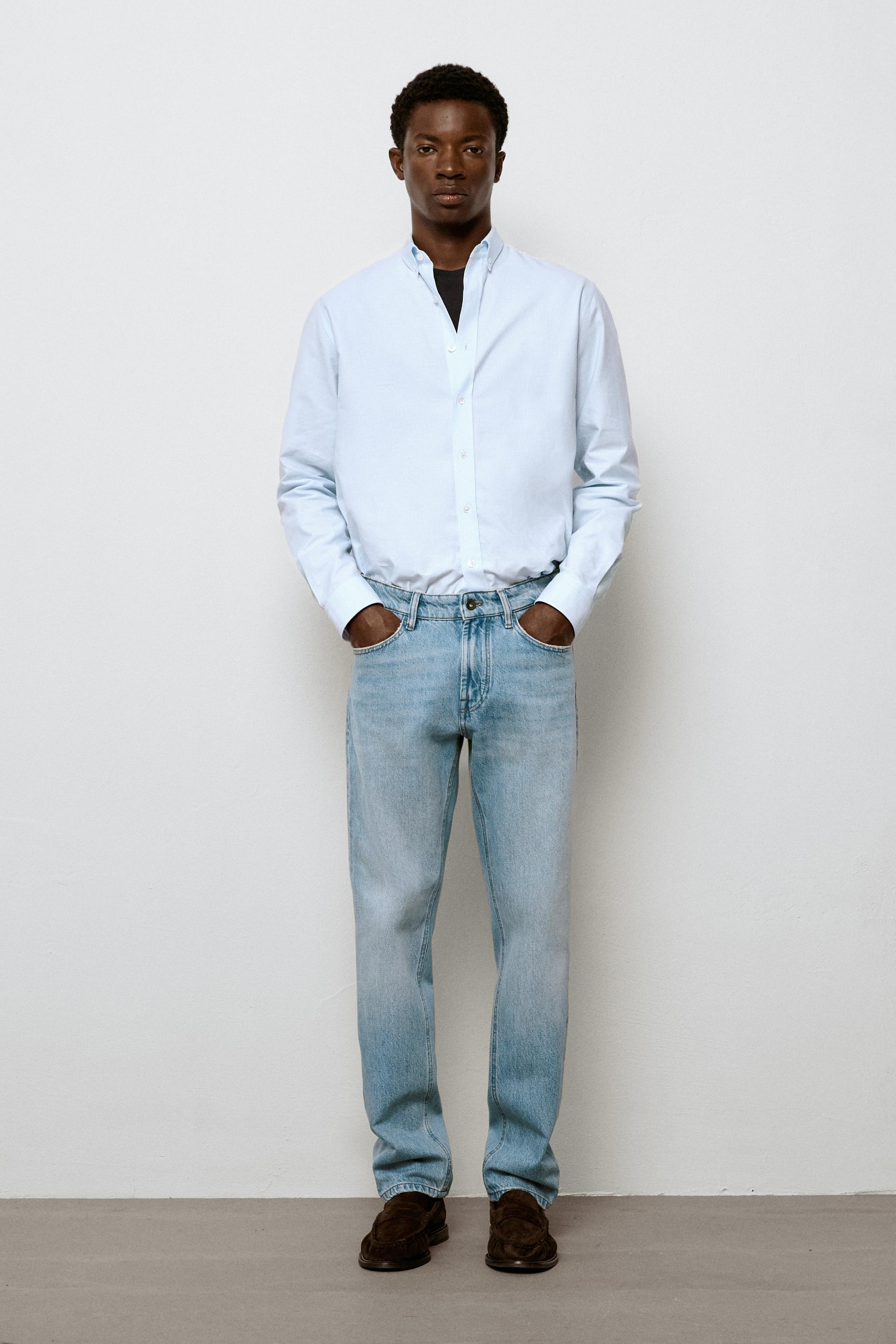 Bleach washed tapered fit jeans Light Blue