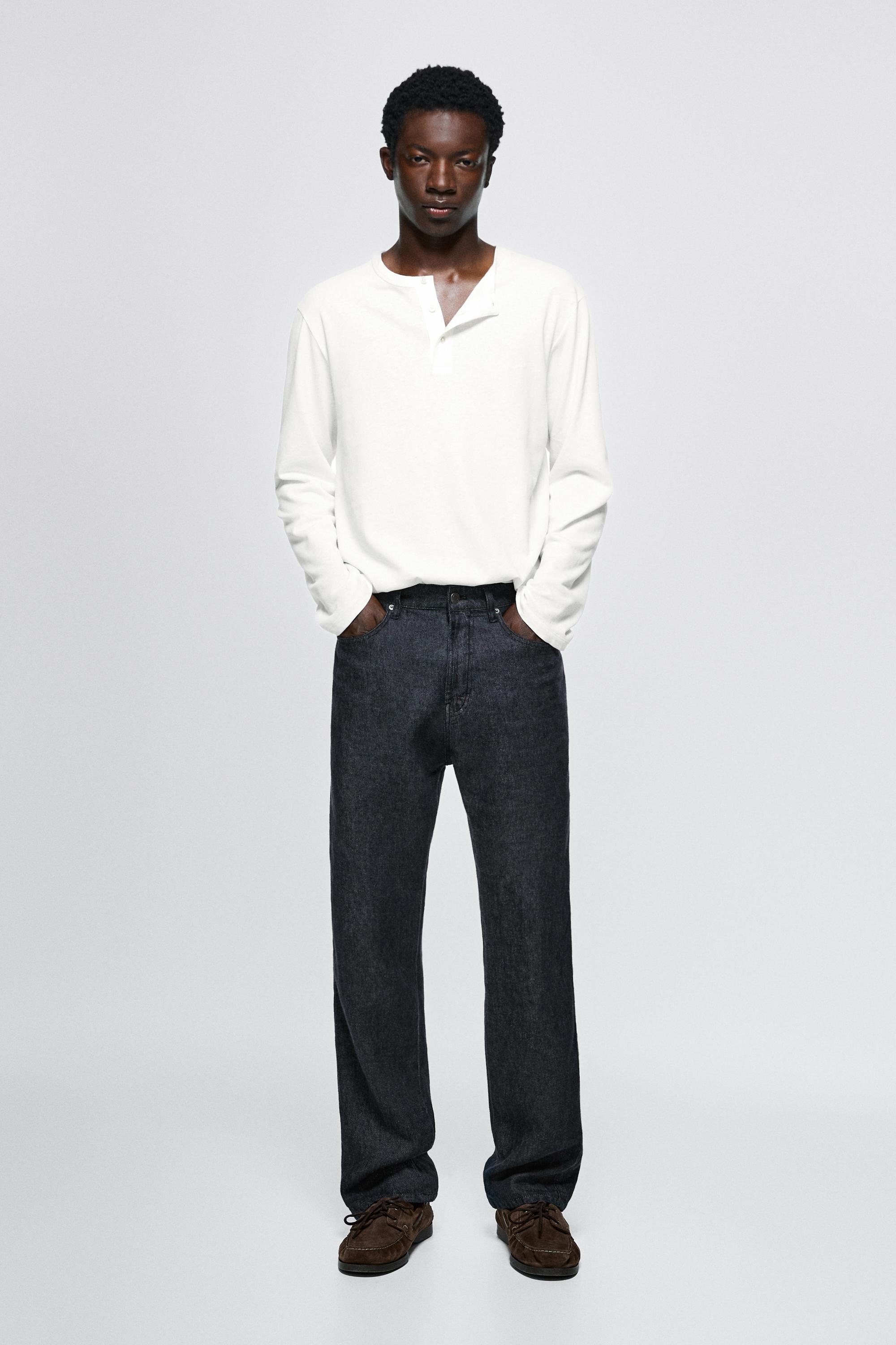 Straight-leg linen denim-effect pants Navy Blue