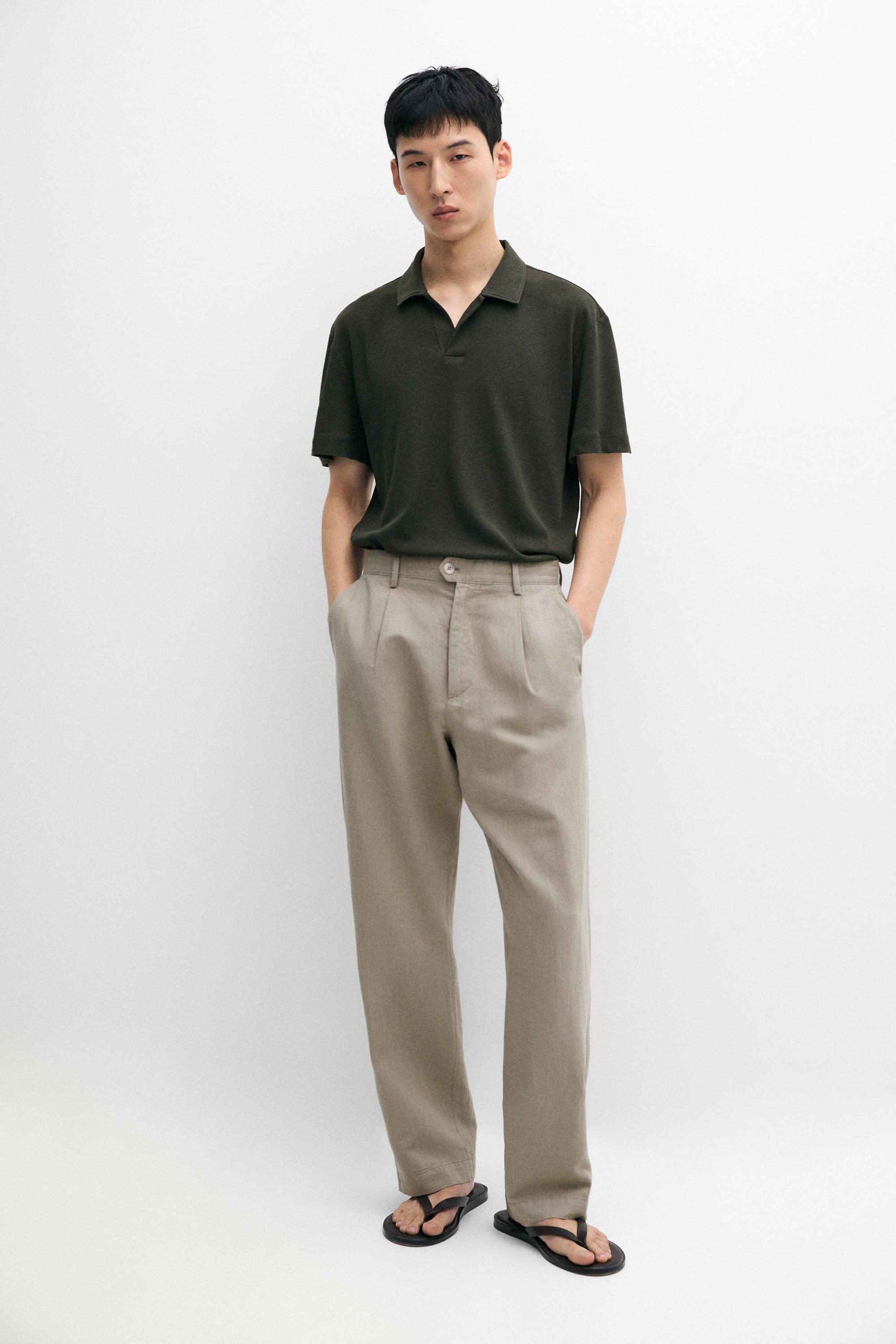 Short sleeve linen cotton polo shirt Dark Green