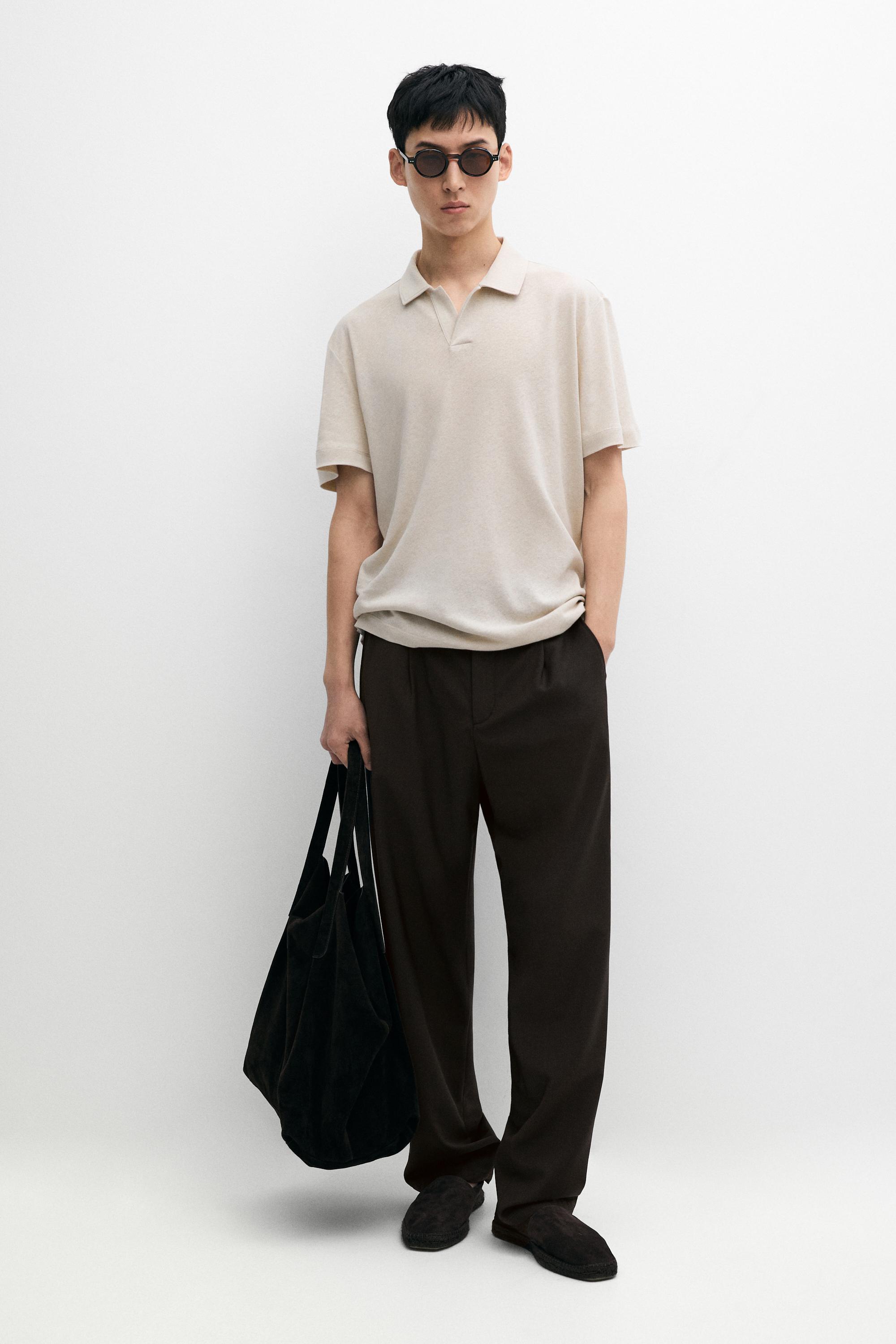 Short sleeve linen cotton polo shirt Brown