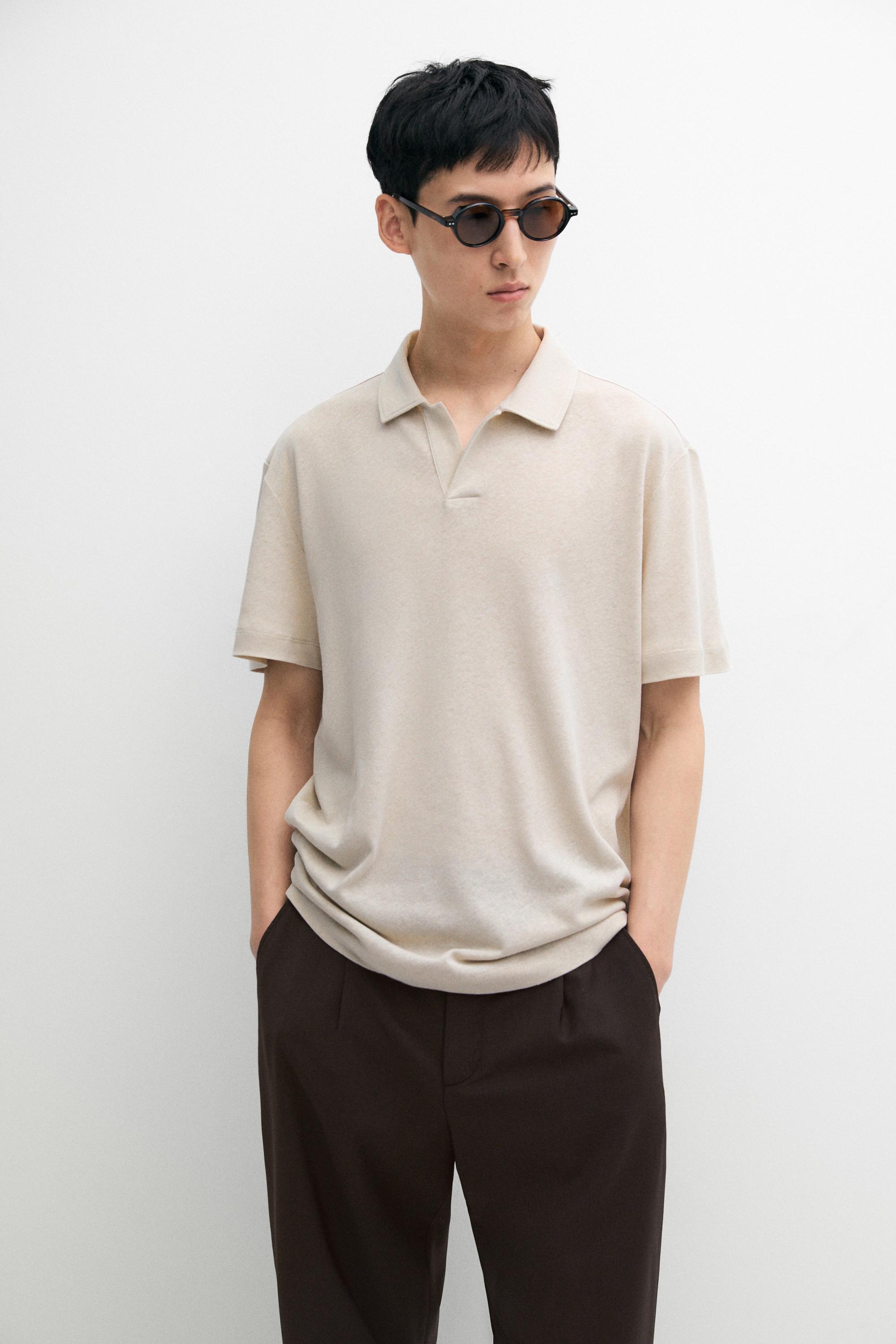 Short sleeve linen cotton polo shirt Brown