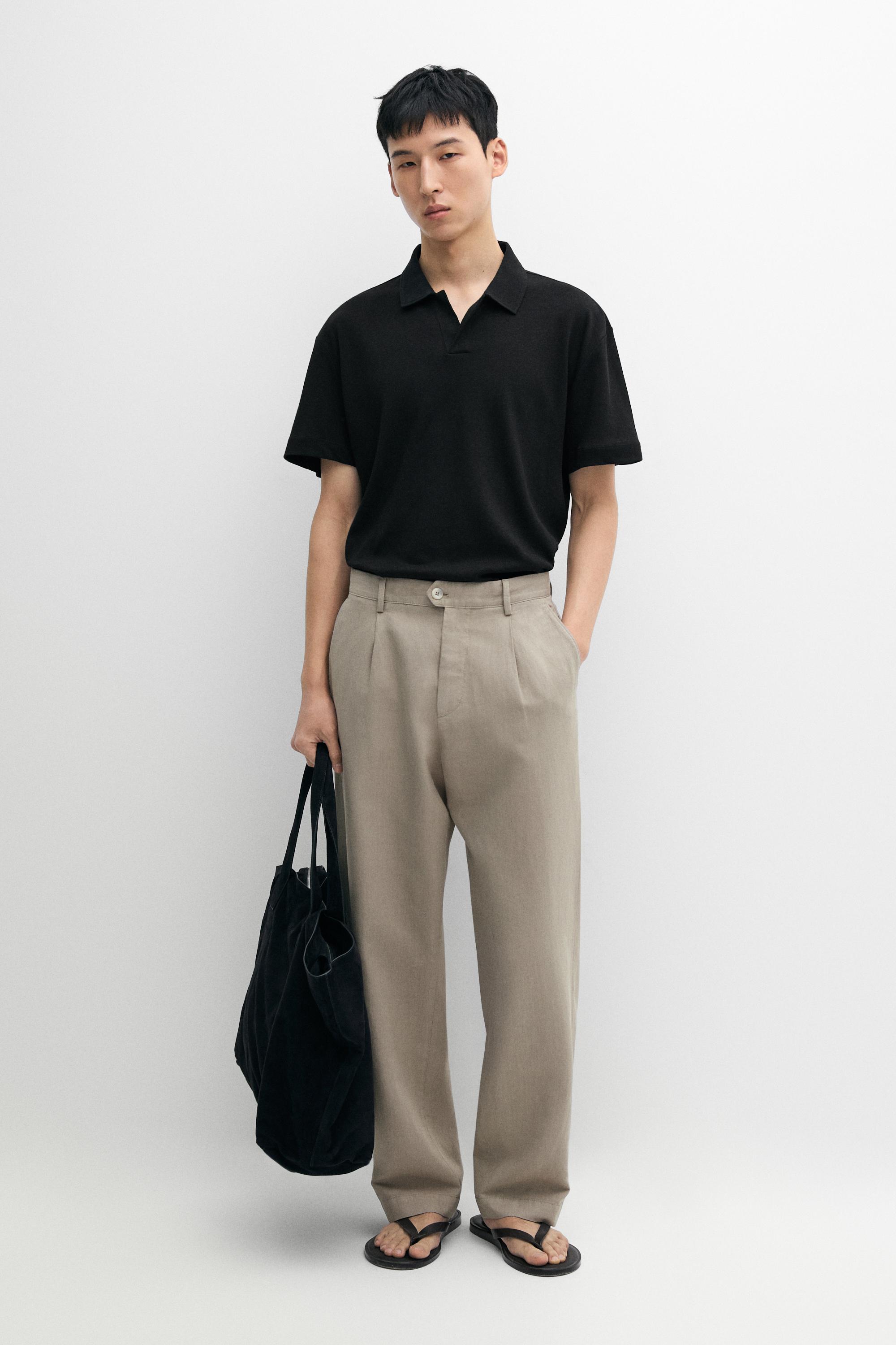 Short sleeve linen cotton polo shirt Black