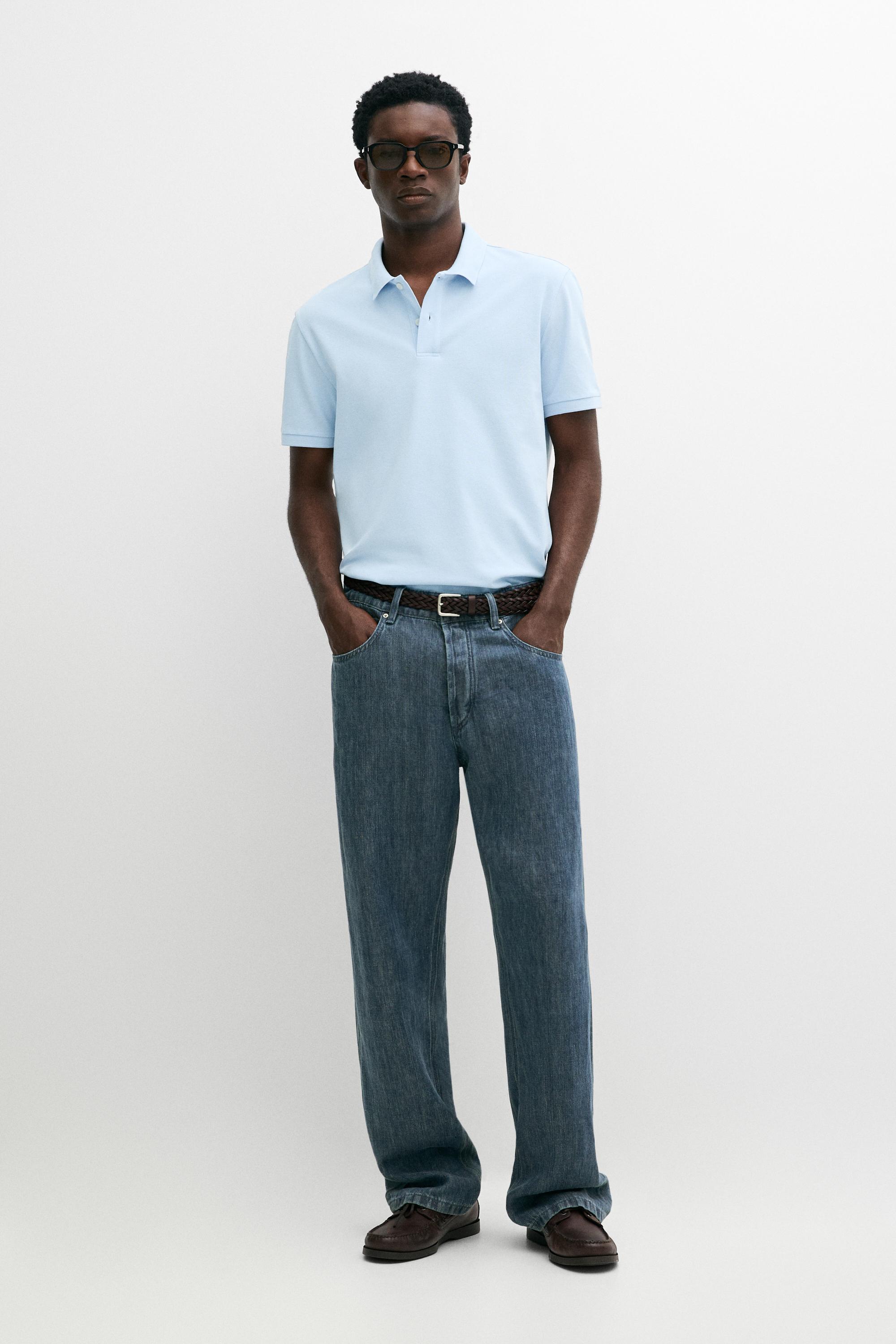 Micro-textured cotton piqué polo shirt Light Blue