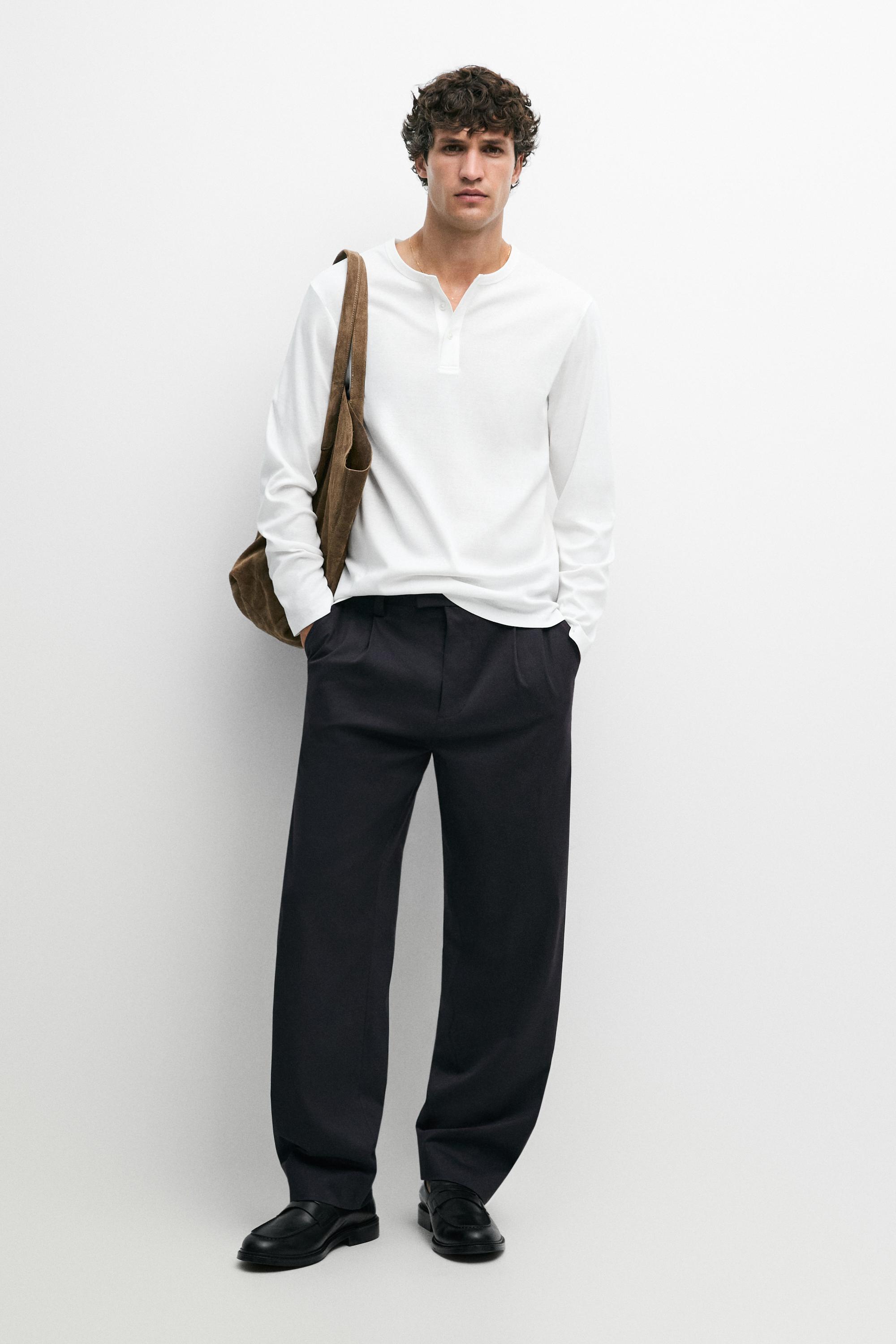 100% cotton long sleeve henley T-shirt White