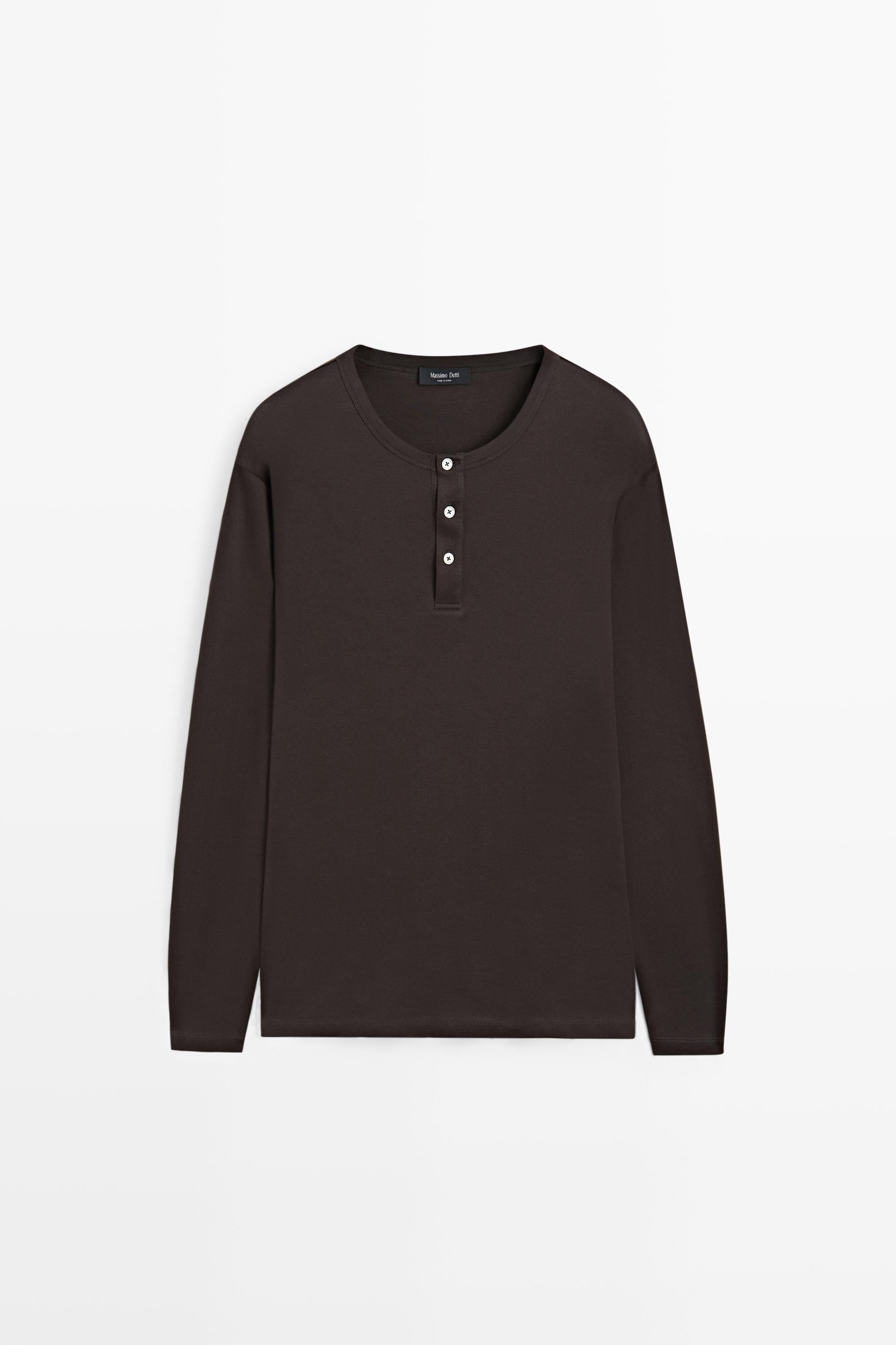 100% cotton long sleeve henley T-shirt Chocolate
