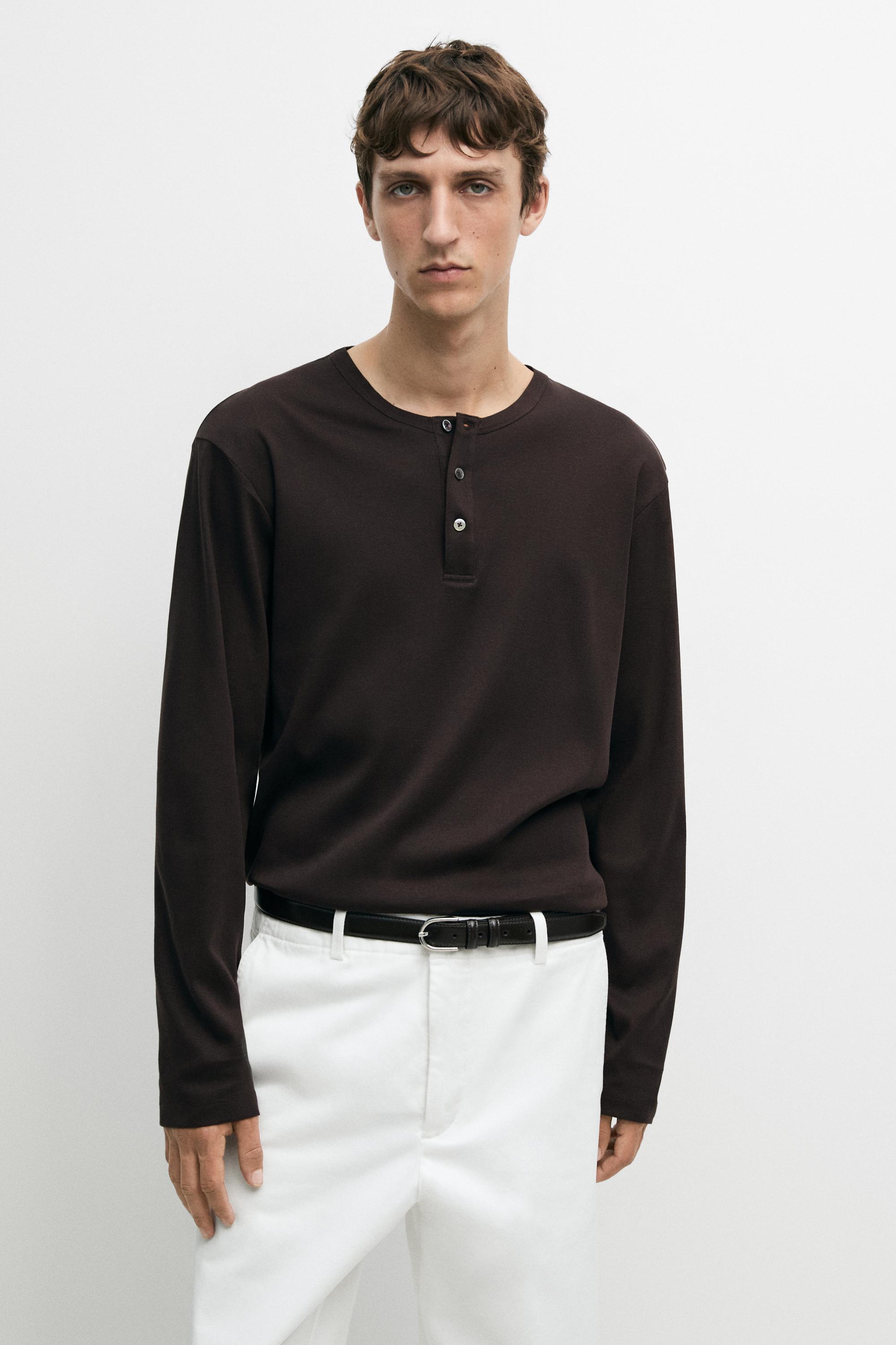 100% cotton long sleeve henley T-shirt Chocolate