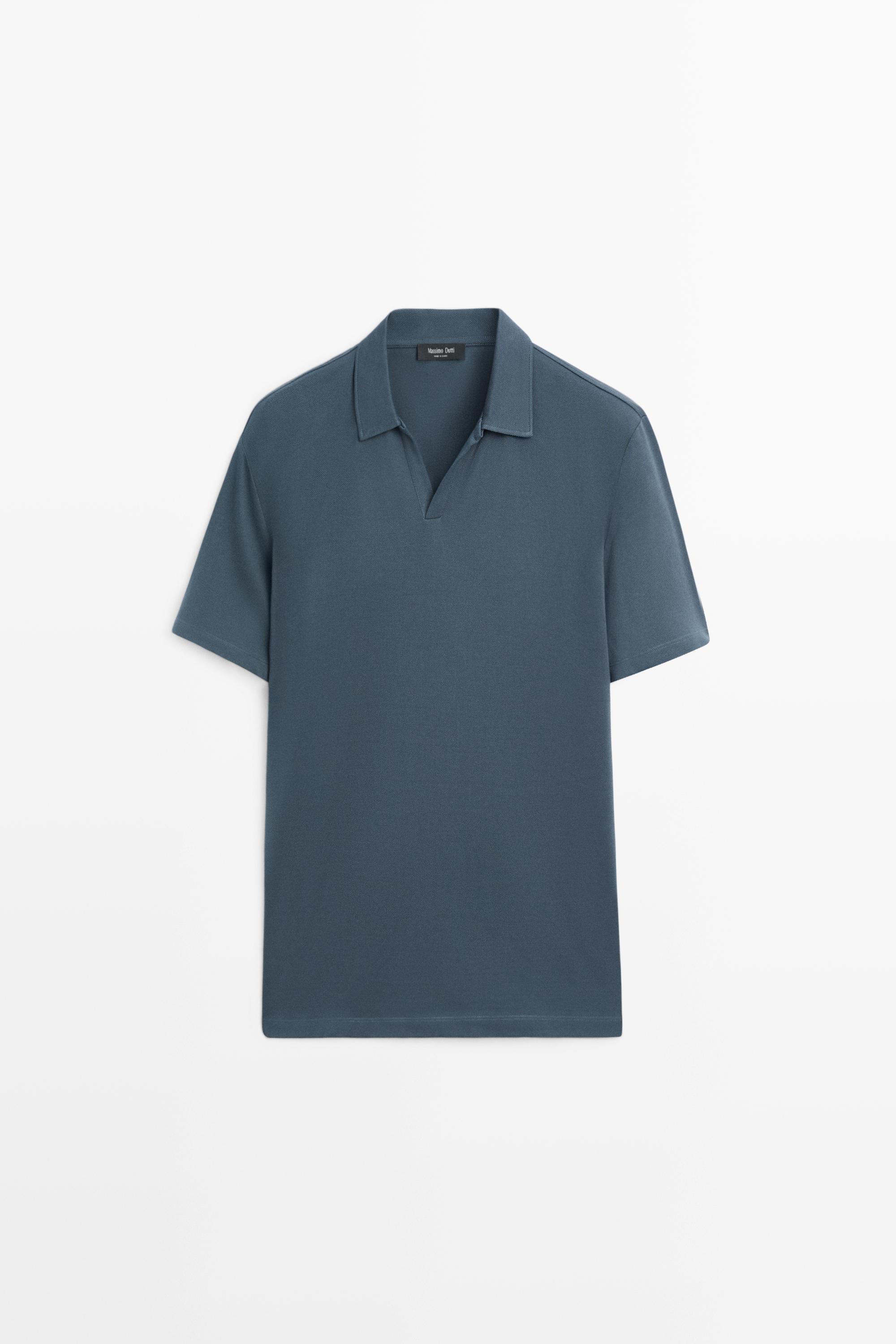 Micro-textured V-neck piqué polo shirt Dark Blue