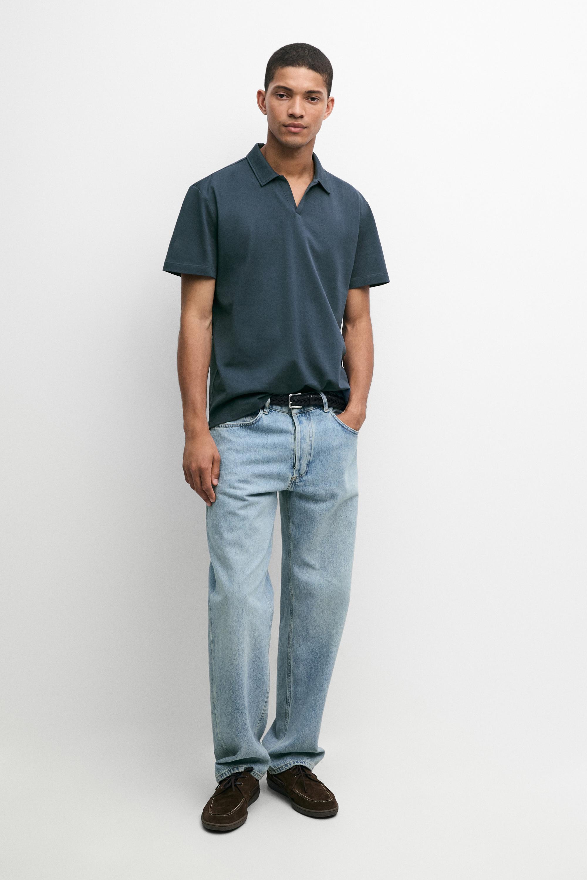 Micro-textured V-neck piqué polo shirt Dark Blue