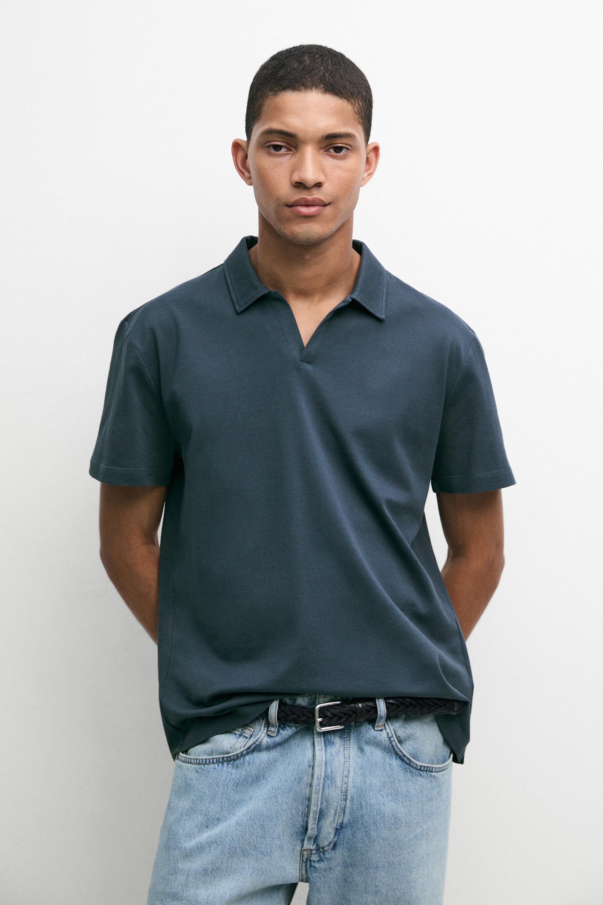 Micro-textured V-neck piqué polo shirt Dark Blue