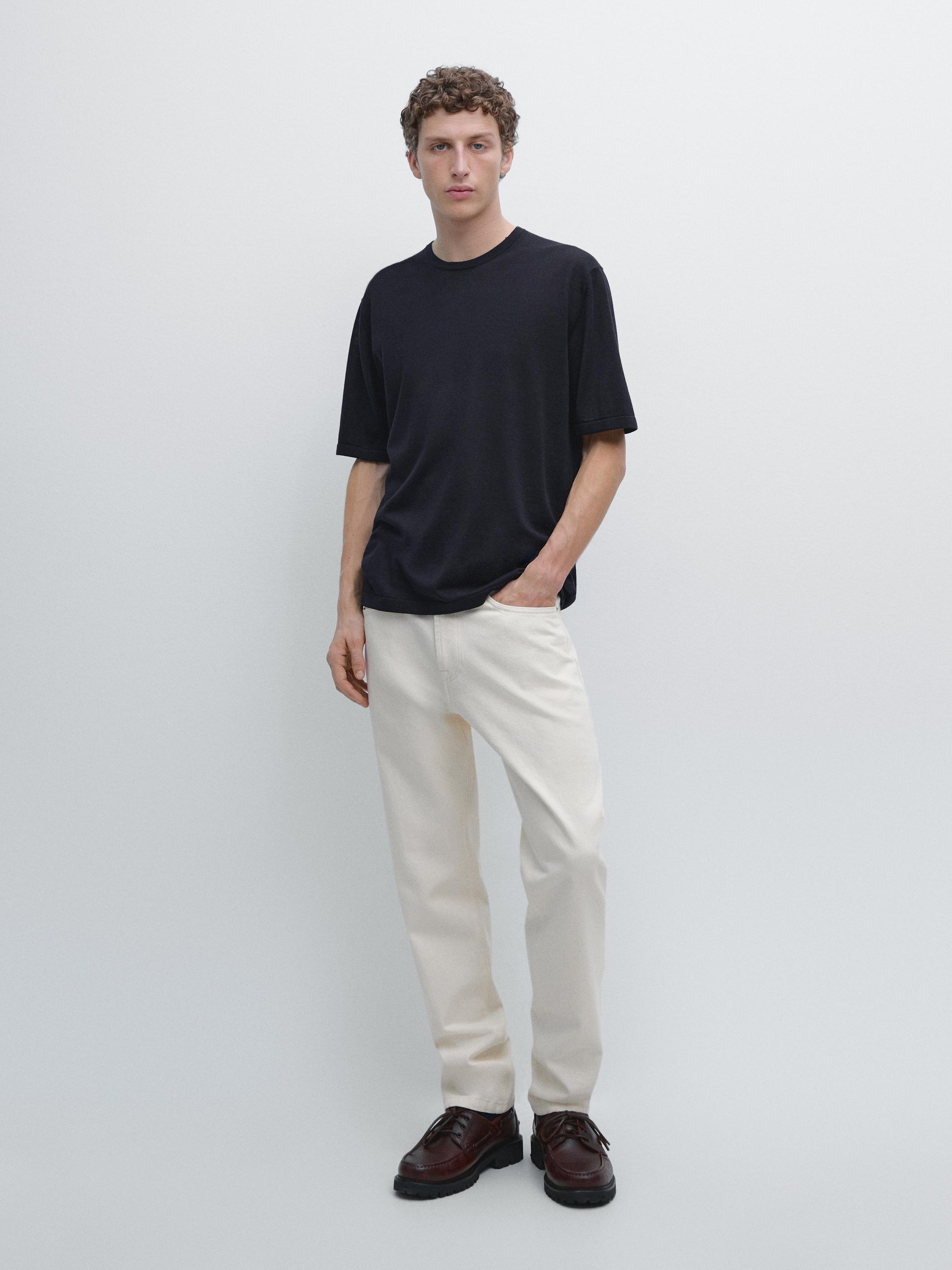 Wool-blend short-sleeve knit sweater Navy Blue