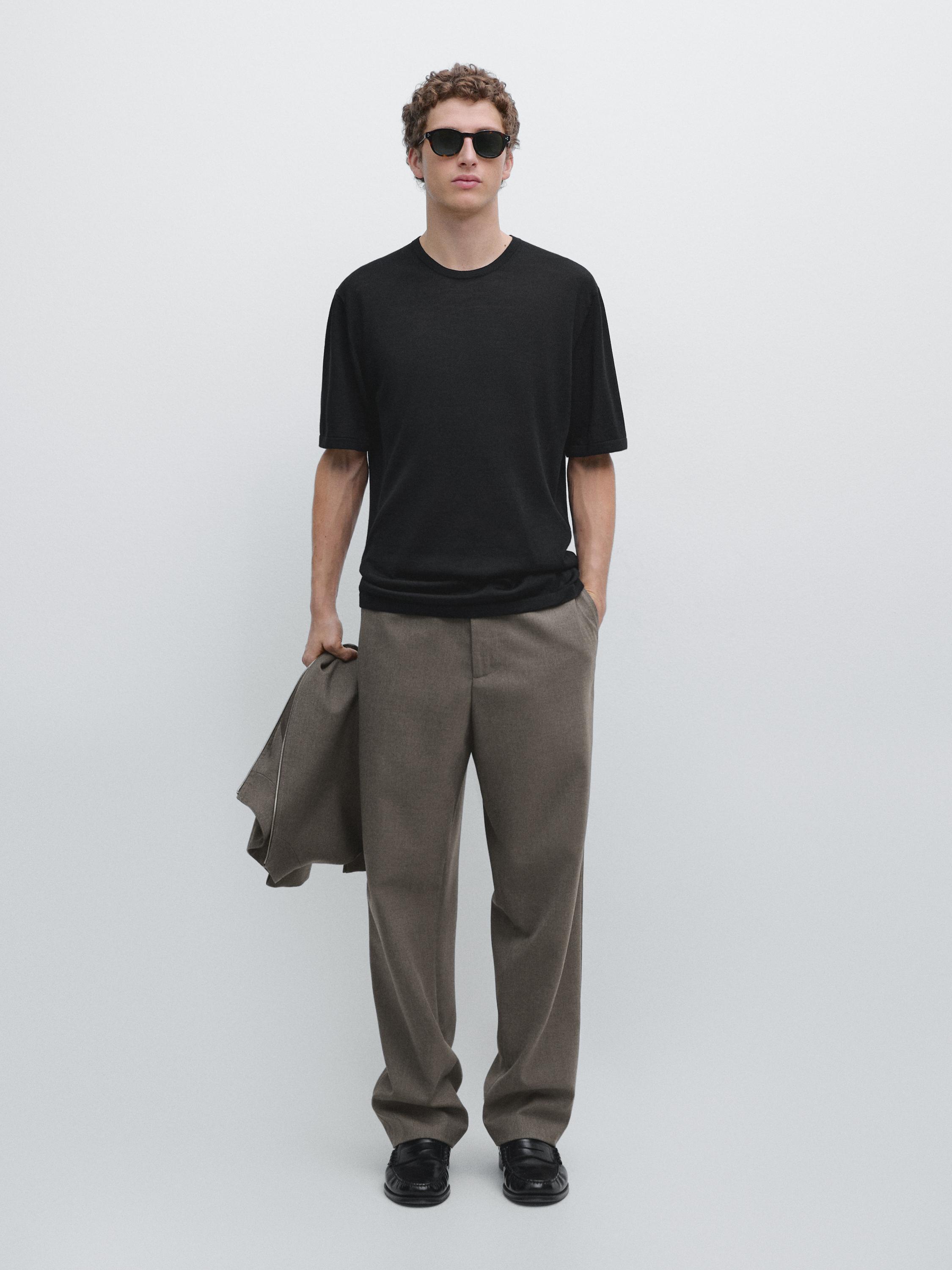 Wool-blend short-sleeve knit sweater Black