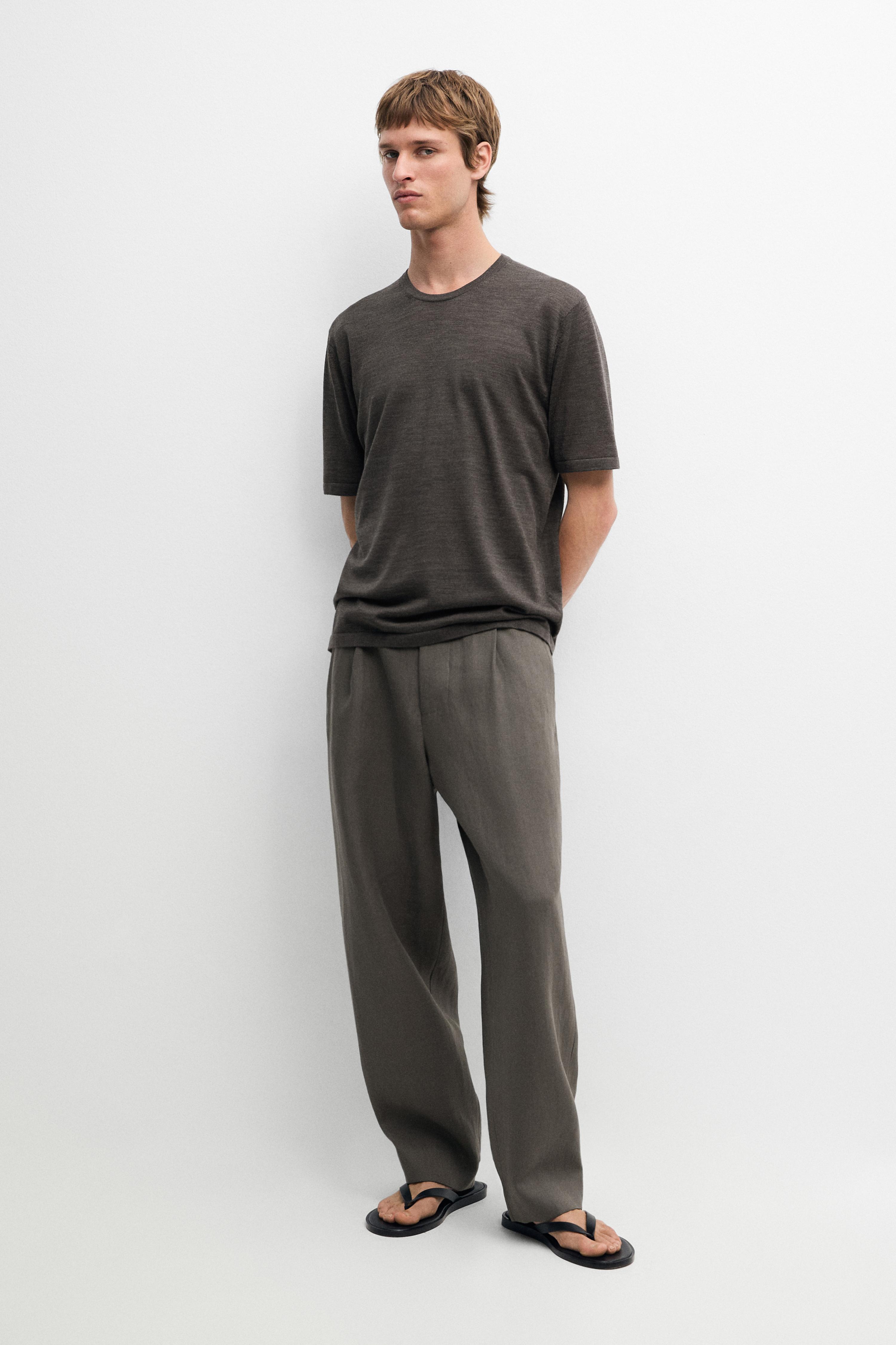 Wool-blend short-sleeve knit sweater Greyish Green