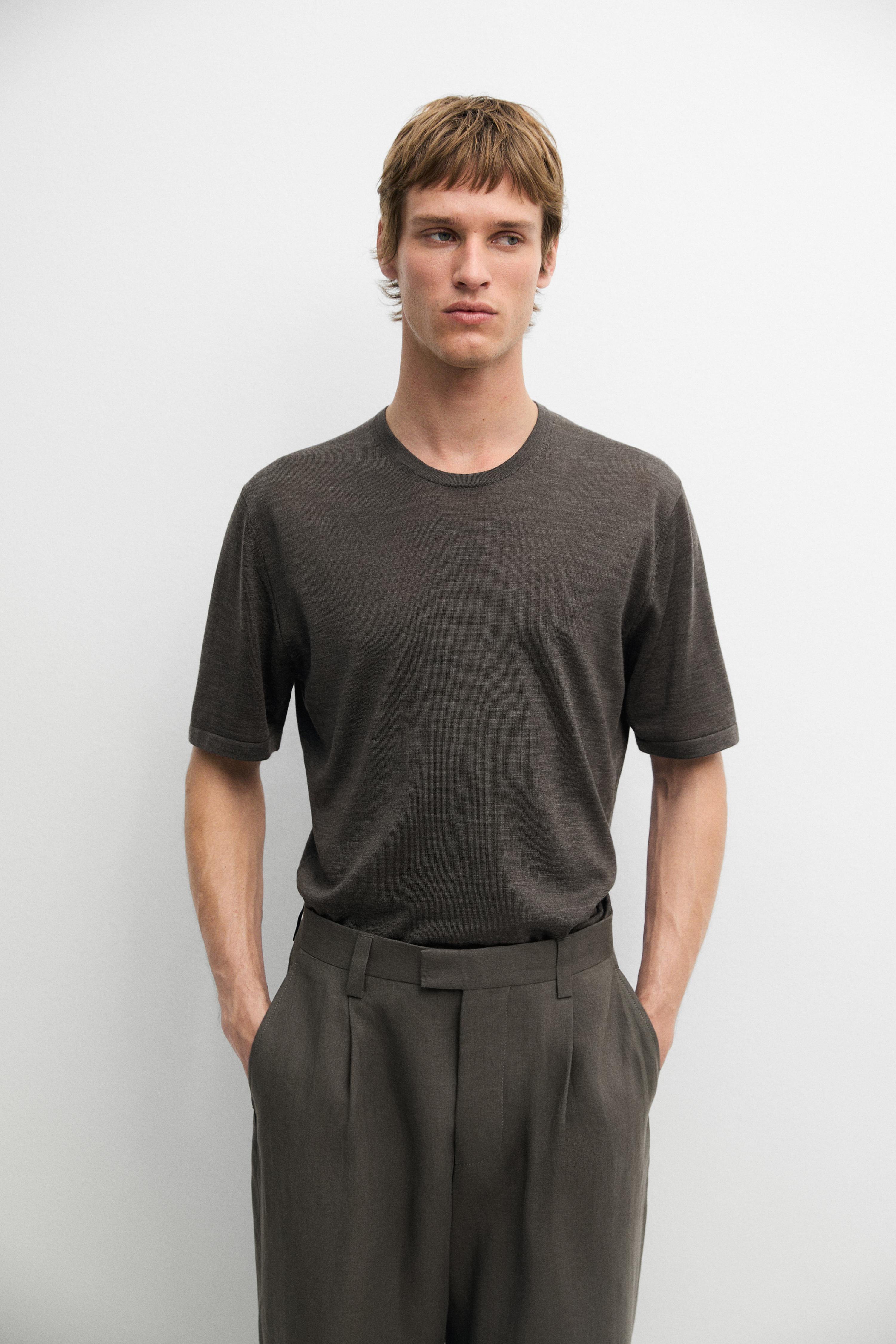 Wool-blend short-sleeve knit sweater Greyish Green