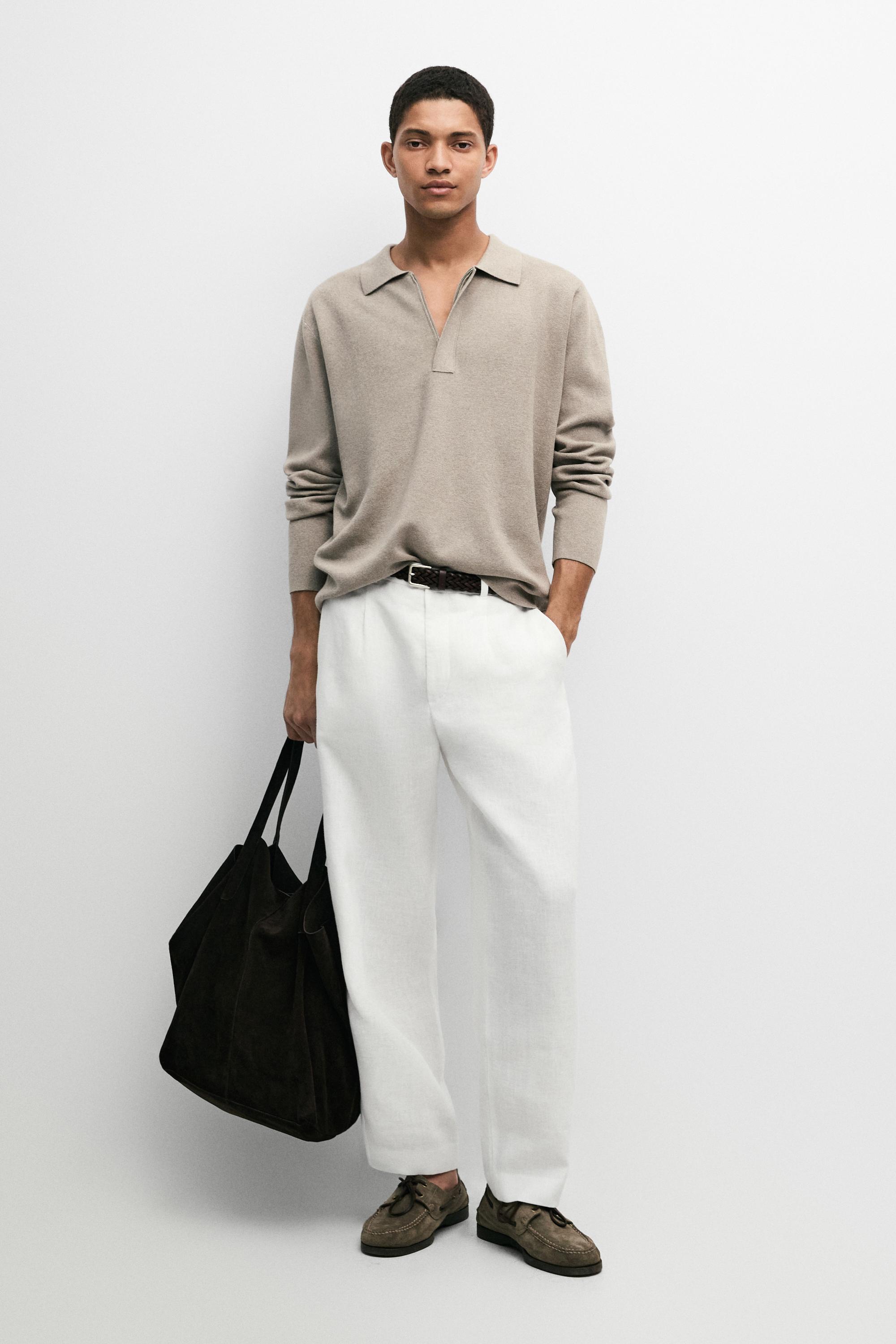 Cotton blend zip-up knit polo sweater Washed
