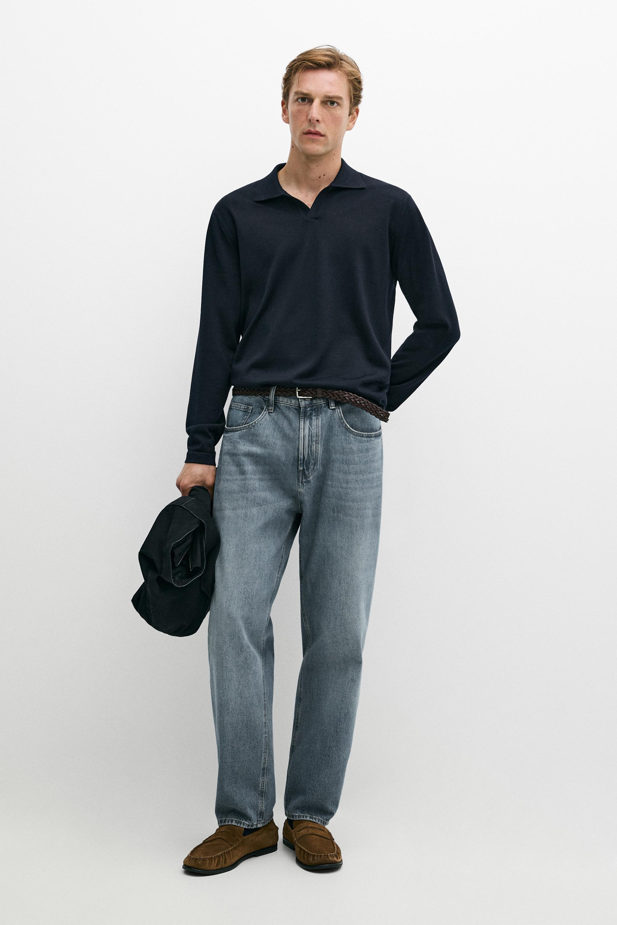 100% merino wool knit polo sweater Navy Blue