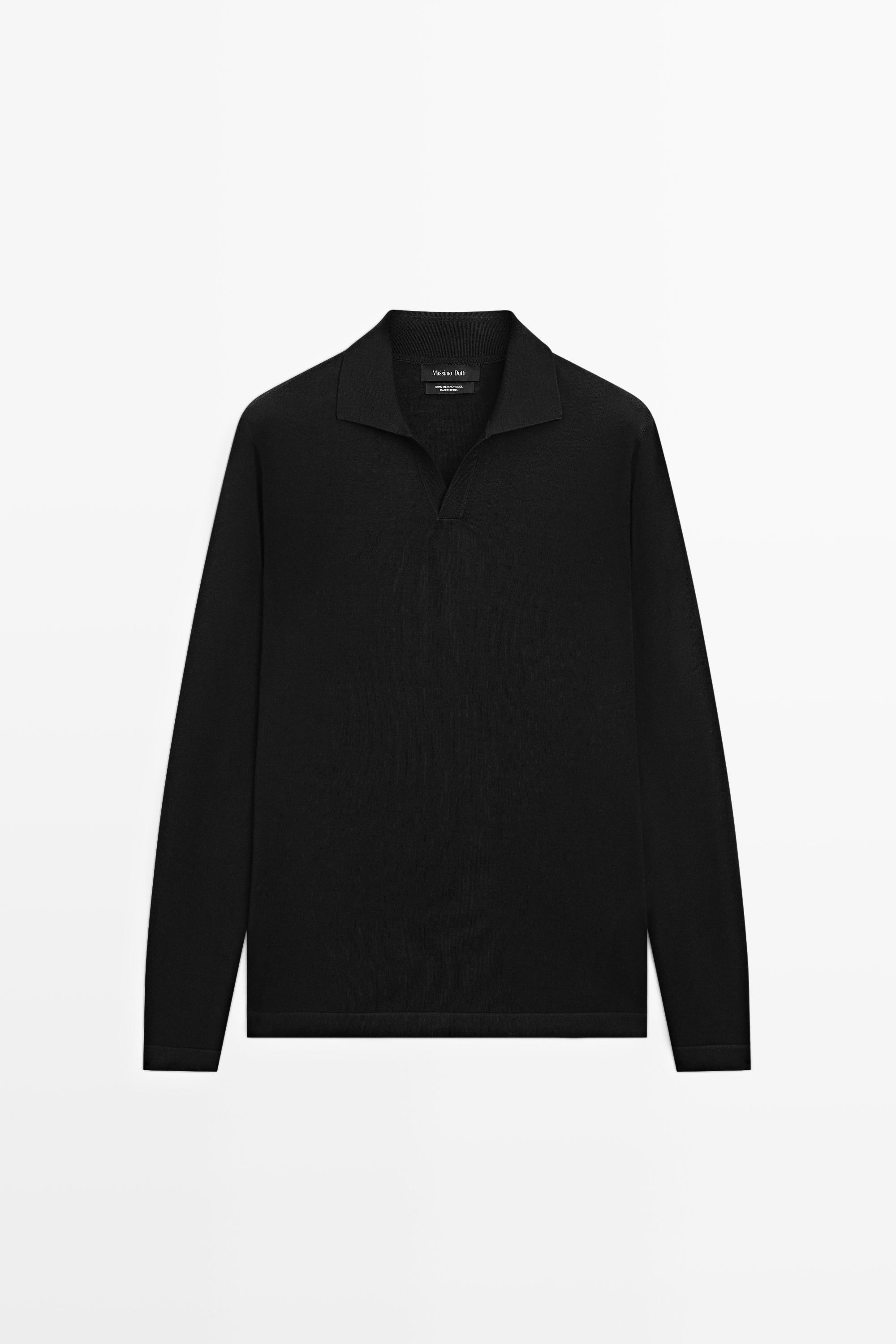 100% merino wool knit polo sweater Black