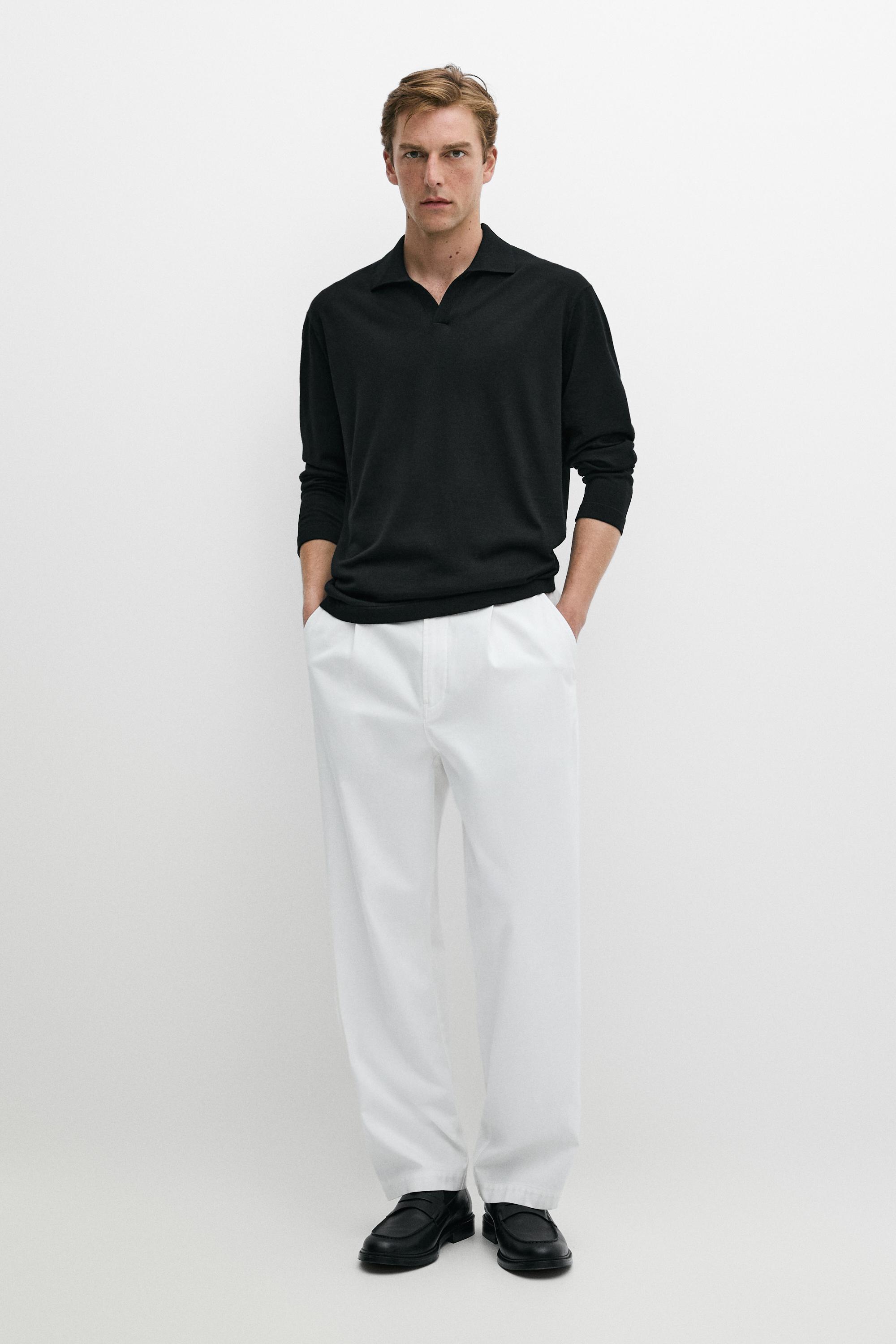 100% merino wool knit polo sweater Black