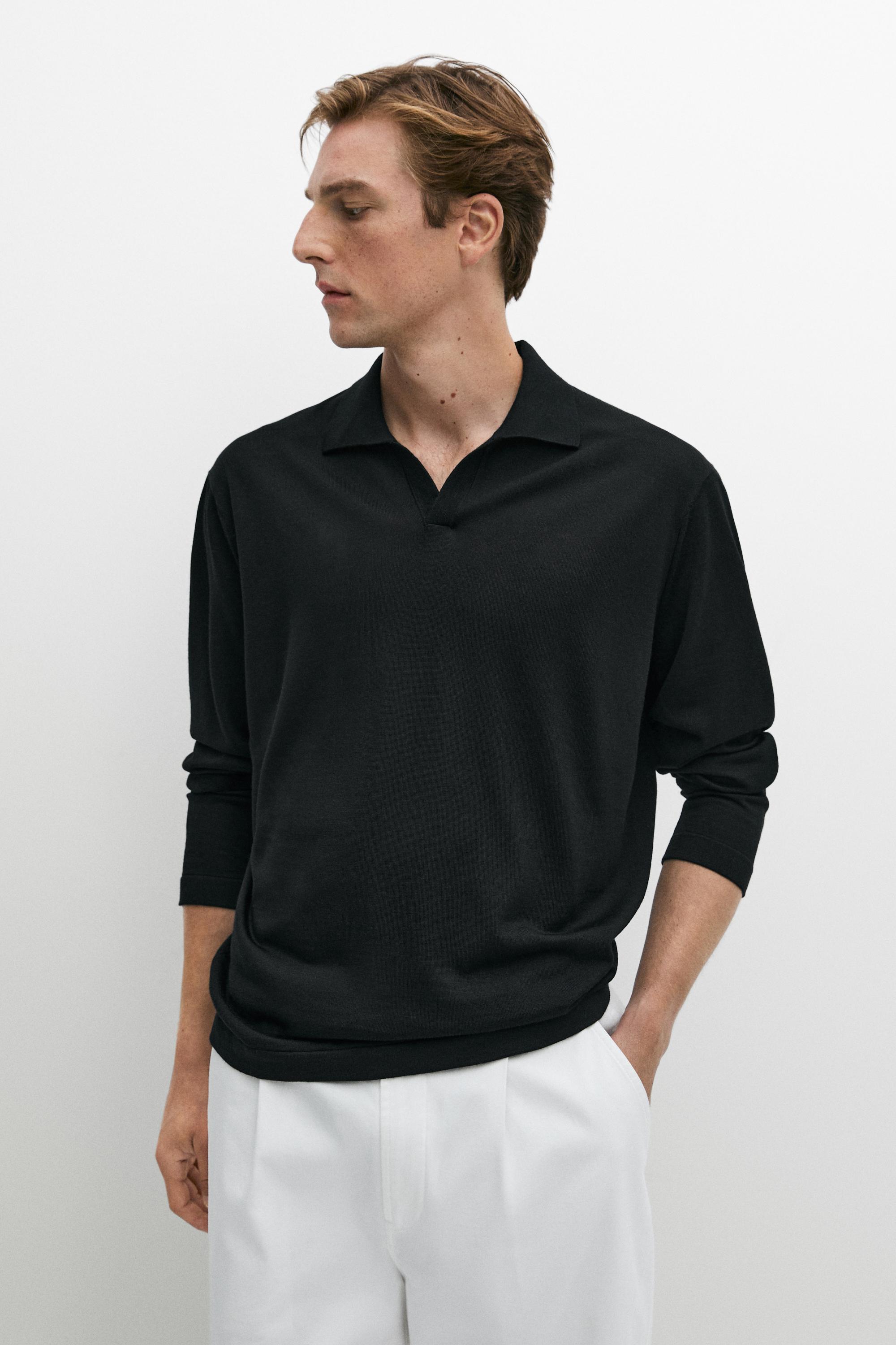 100% merino wool knit polo sweater Black