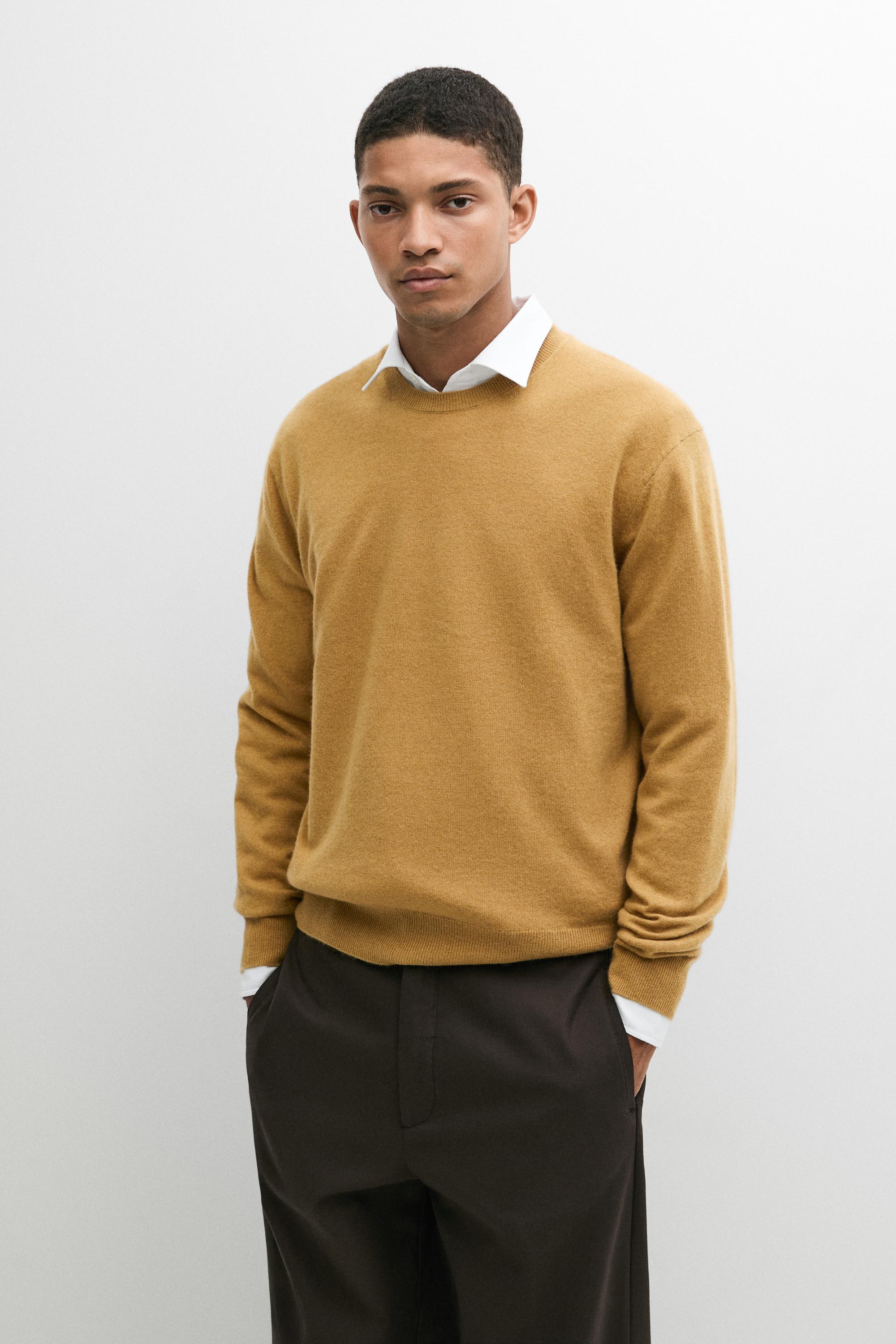 Knit 100% cashmere round neck sweater Mustard Yellow