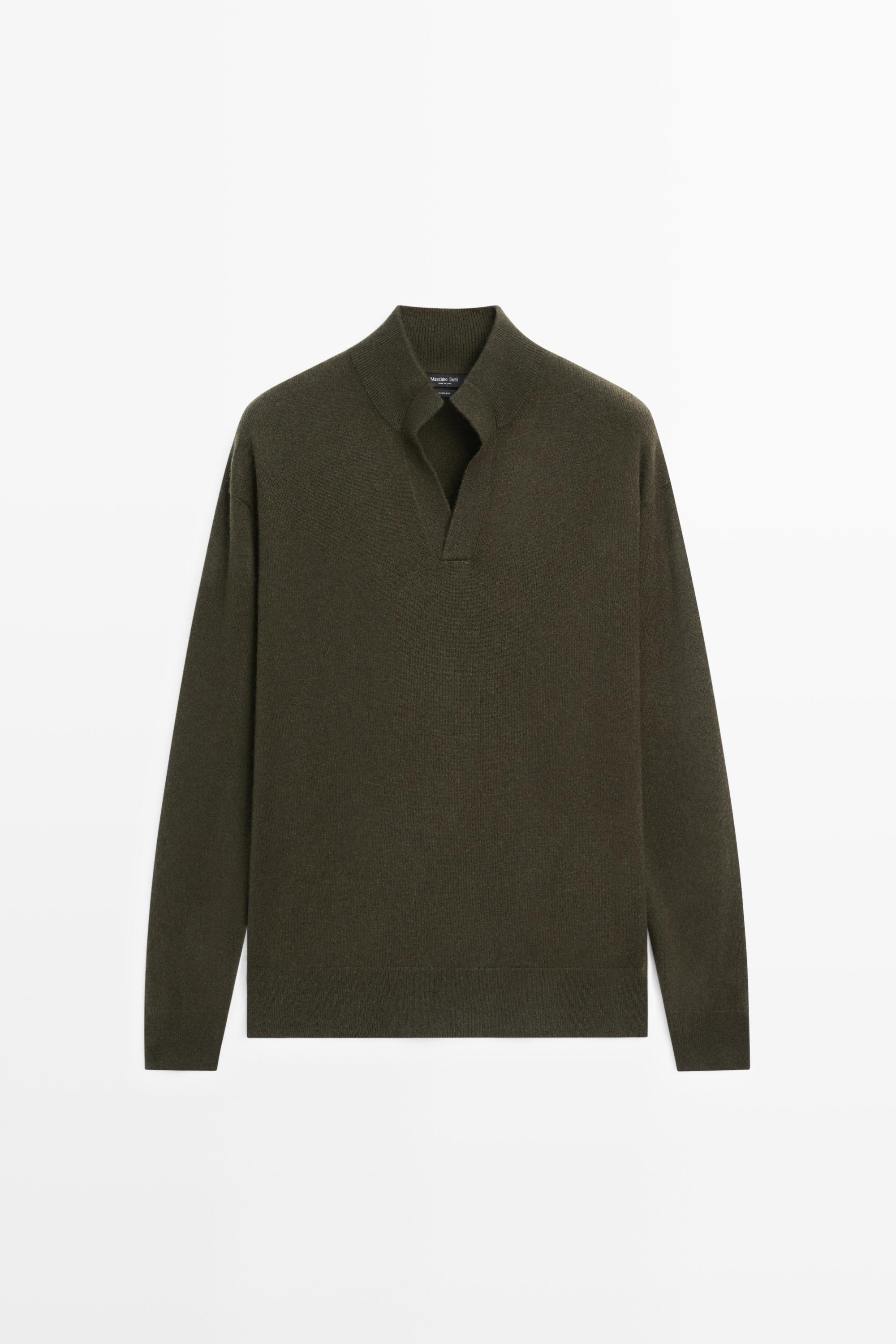 100% cashmere mock neck V-neck sweater Dark Green