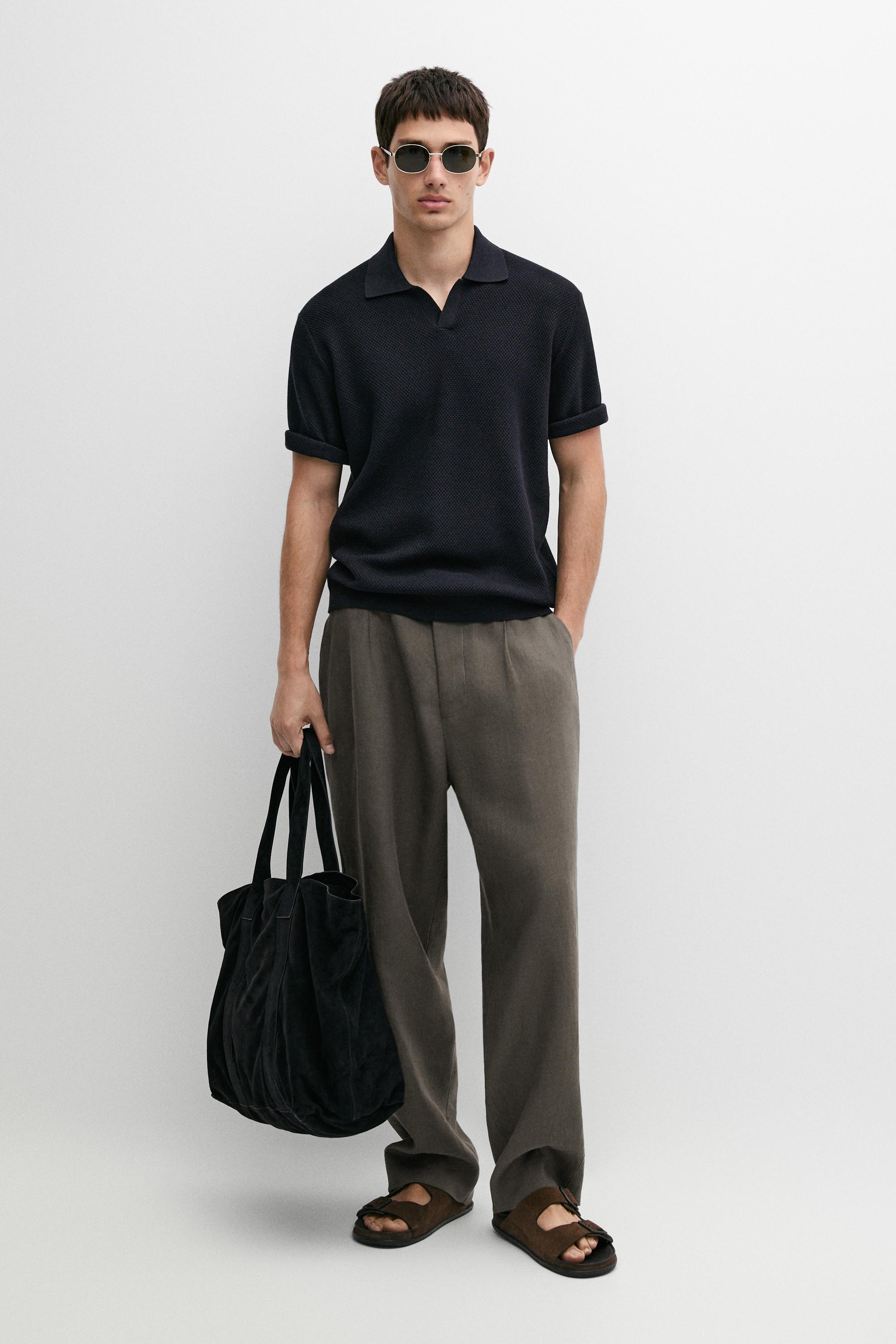 Cotton blend knit V-neck polo shirt Navy Blue