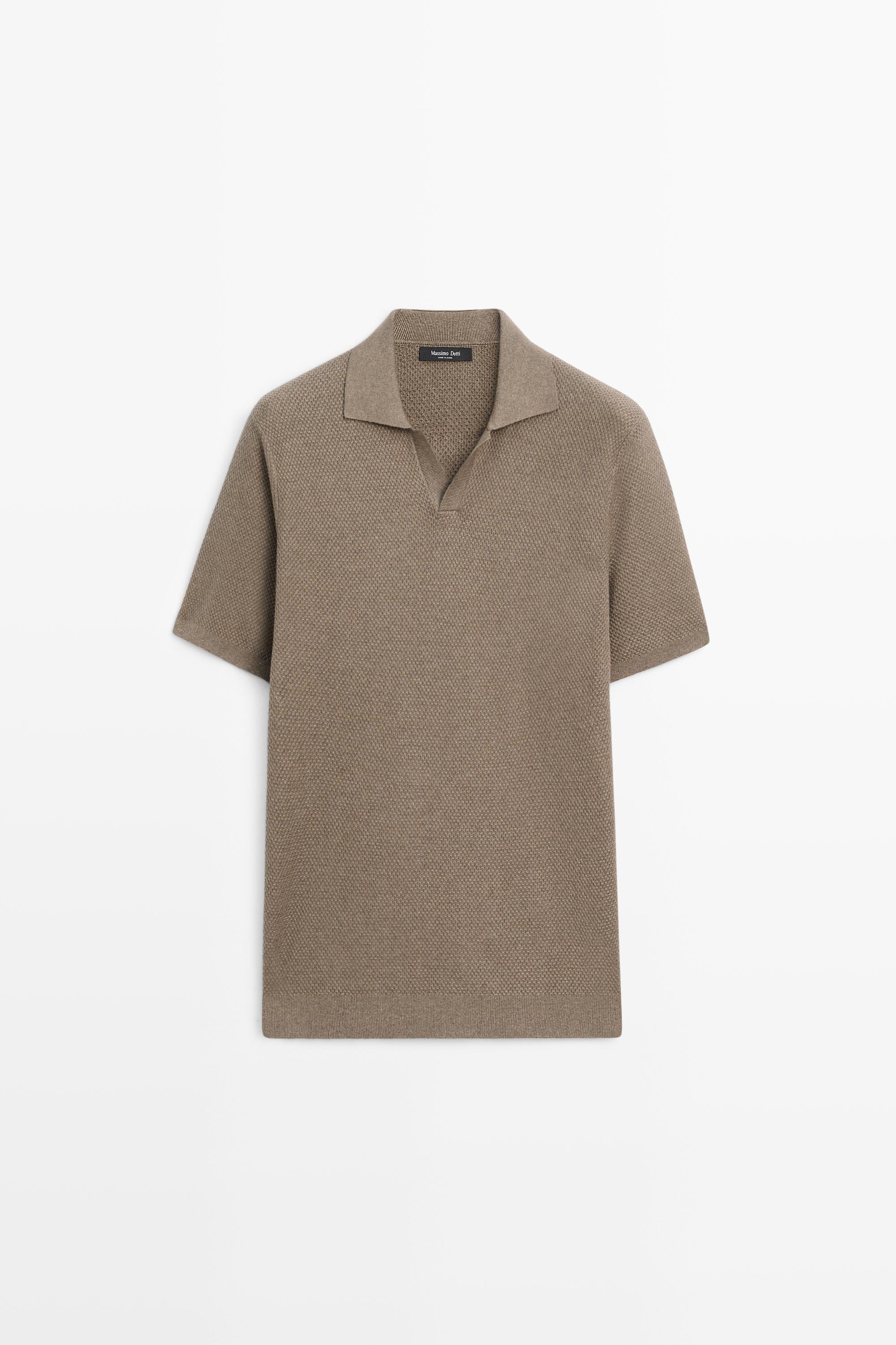 Cotton blend knit V-neck polo shirt Khaki