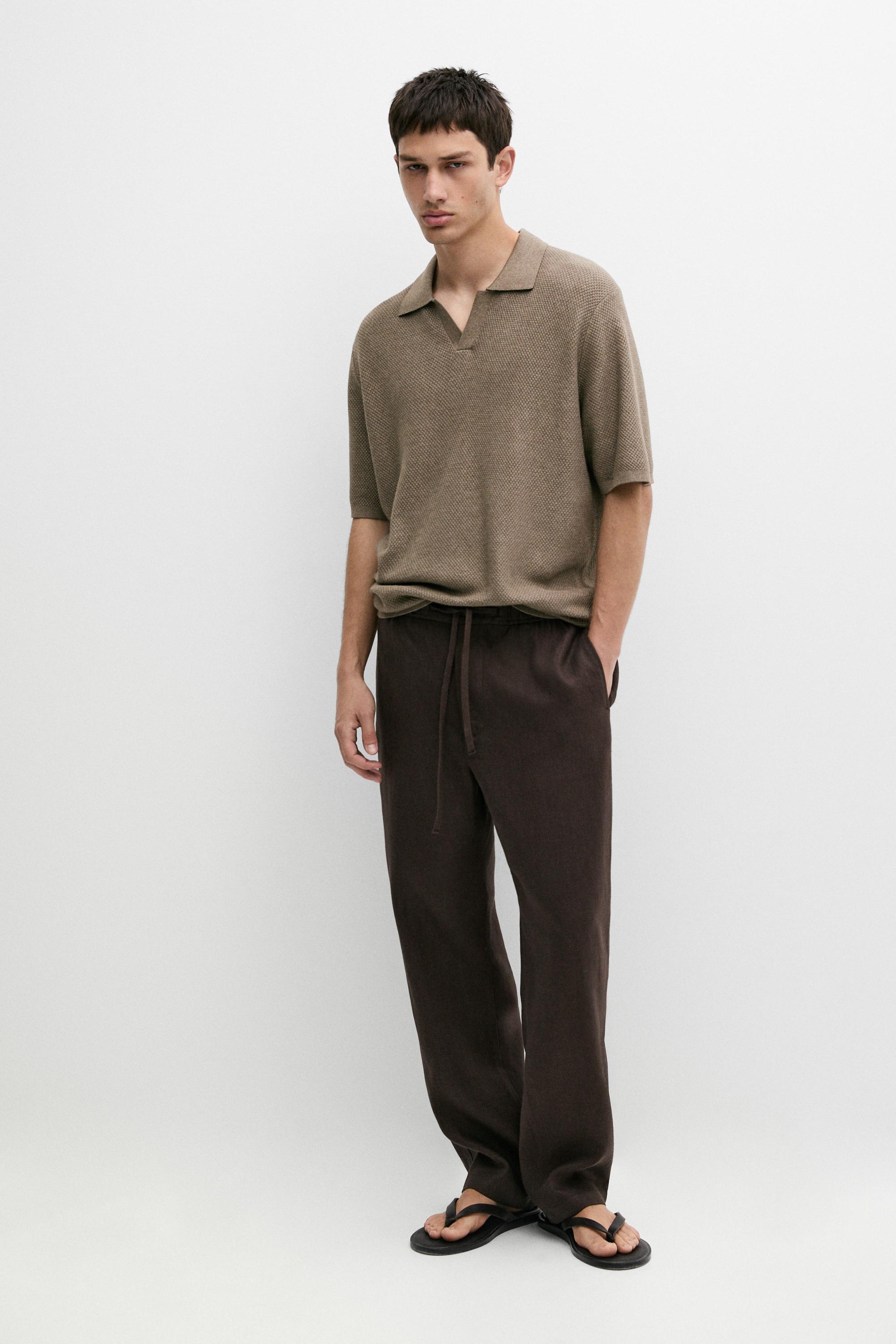 Cotton blend knit V-neck polo shirt Khaki