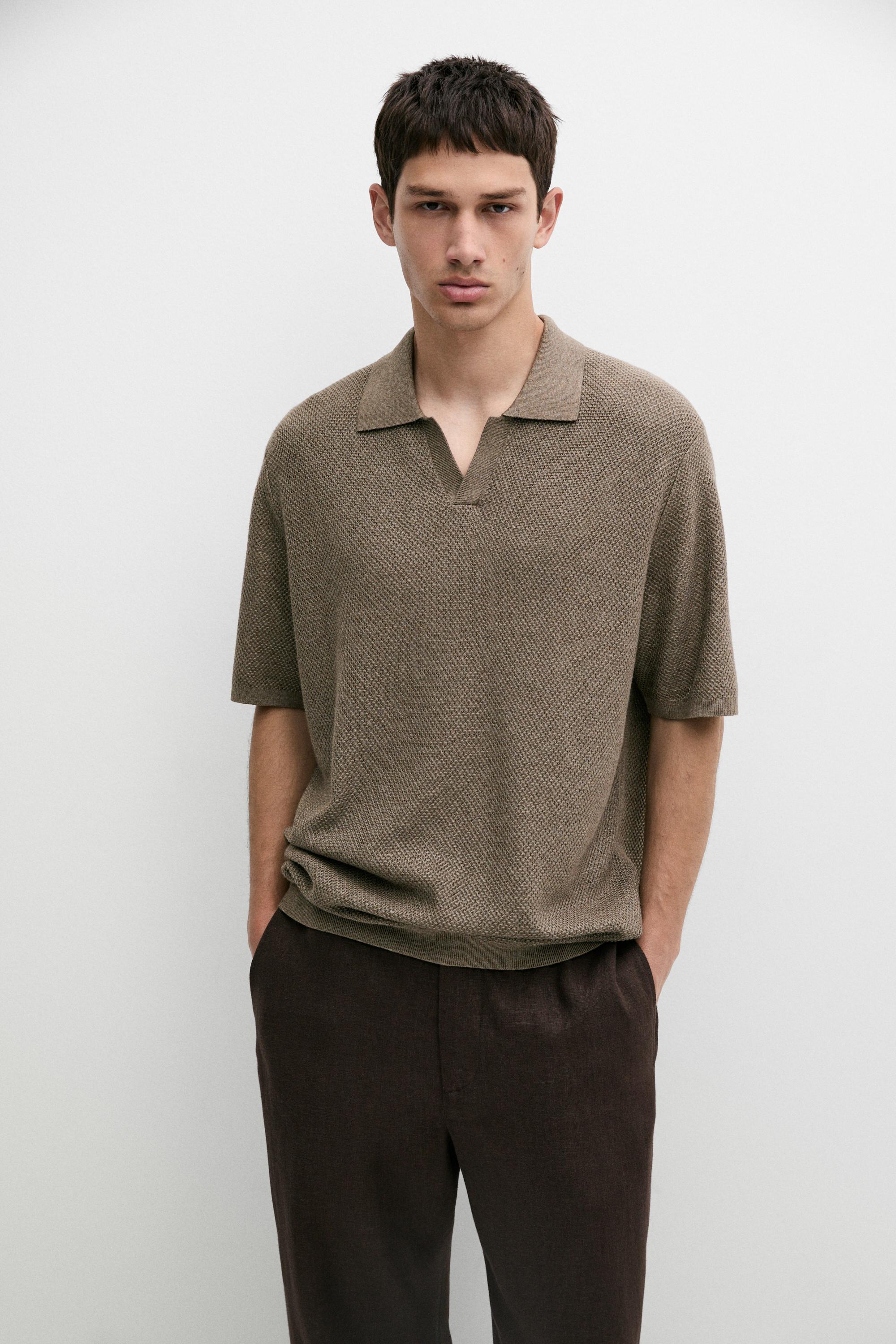 Cotton blend knit V-neck polo shirt Khaki