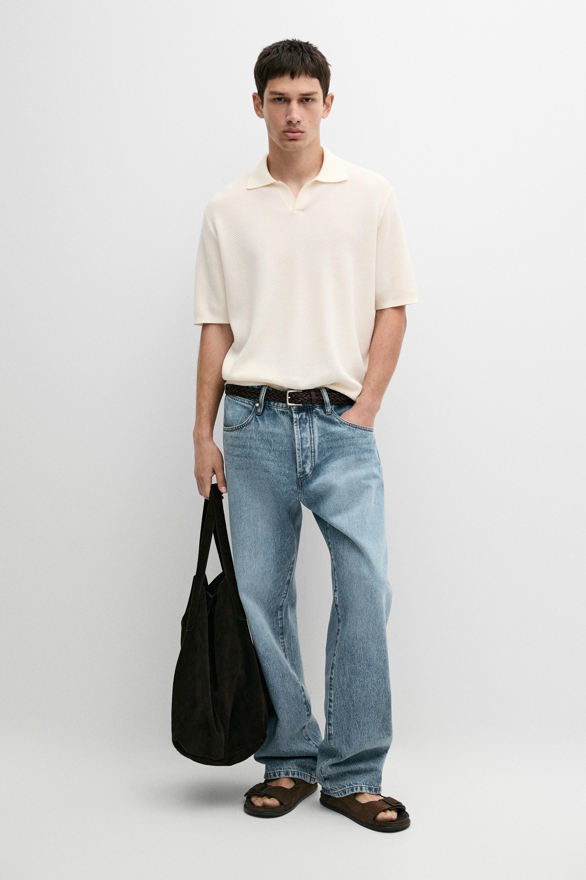 Cotton blend knit V-neck polo shirt Cream