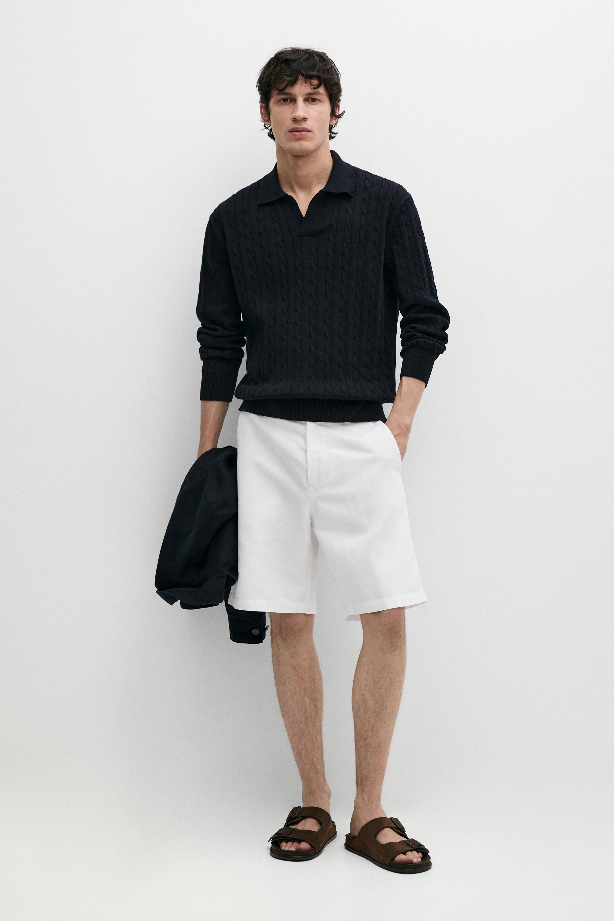 100% Cotton Cable-Knit Polo Sweater Navy Blue