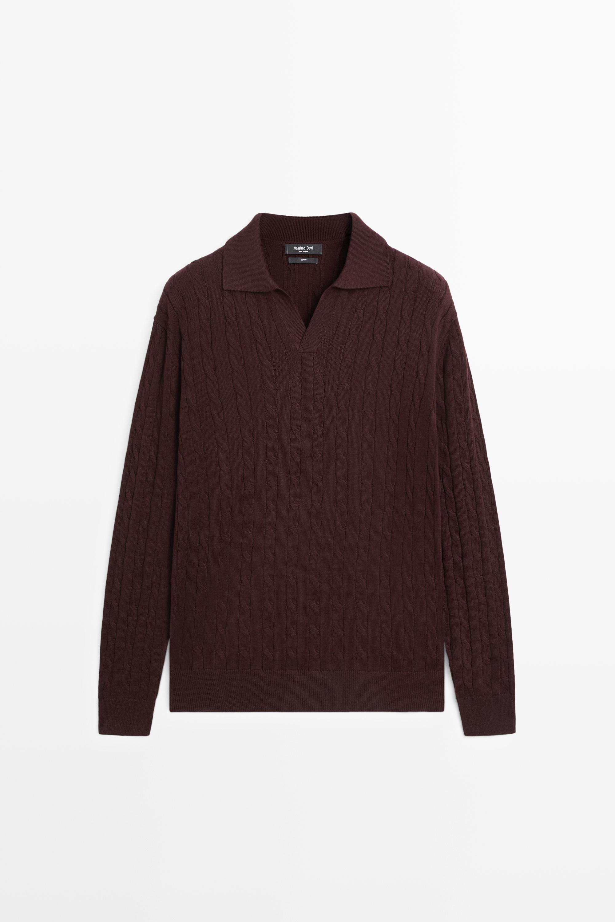 100% Cotton Cable-Knit Polo Sweater Burgundy