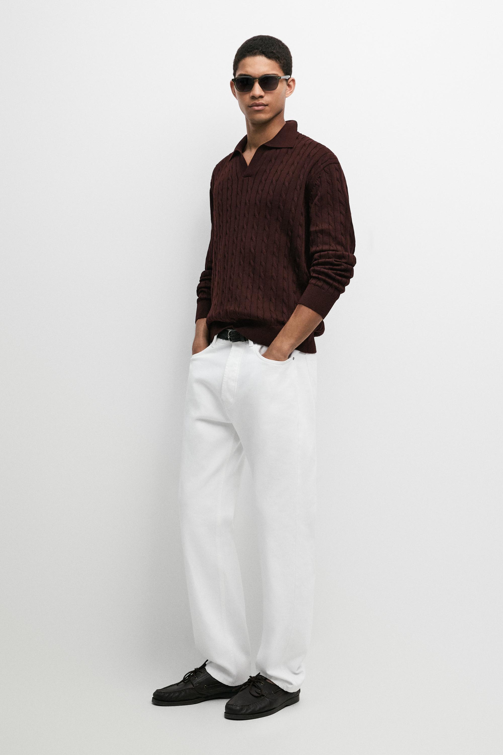 100% Cotton Cable-Knit Polo Sweater Burgundy