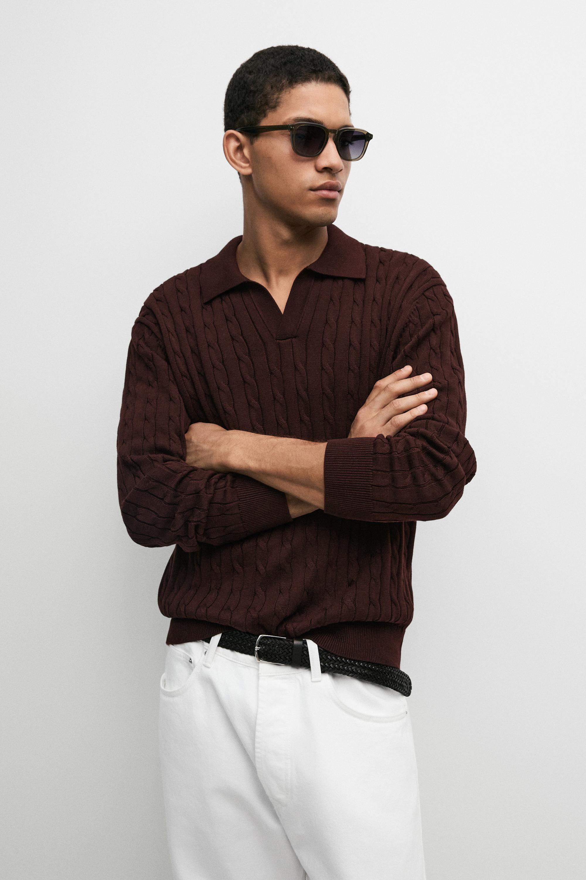100% Cotton Cable-Knit Polo Sweater Burgundy
